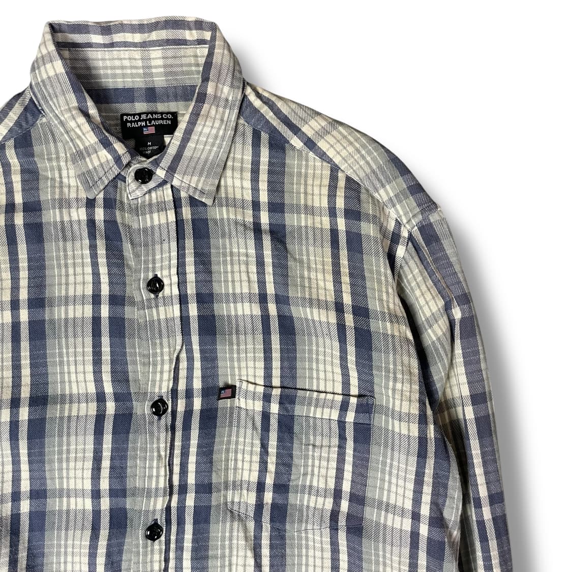 폴로진스컴퍼니 미니로고 블루 그레이 체크무늬 플란넬 셔츠 M 상품이미지3