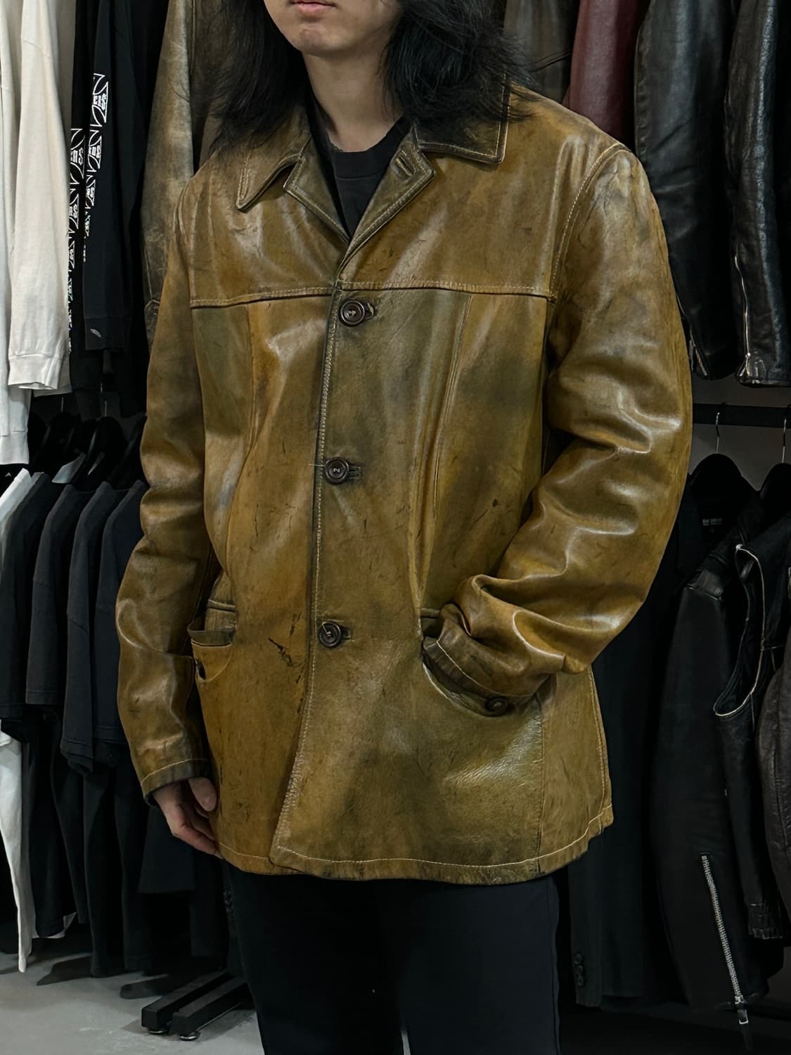 90's Italy Made 오버다잉 차심 레더 코트 카코트 상품이미지10