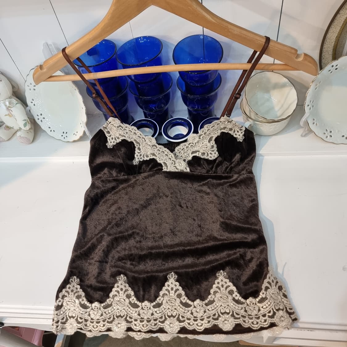 초콜릿 브라운 벨벳 레이스 슬립탑 상품이미지2