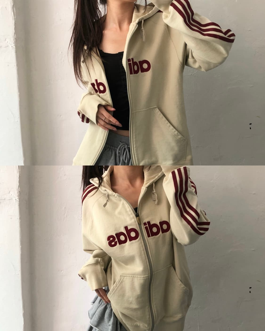 Adidas 아디다스 베이지/레드 레터링 코튼 후드집업 상품이미지2