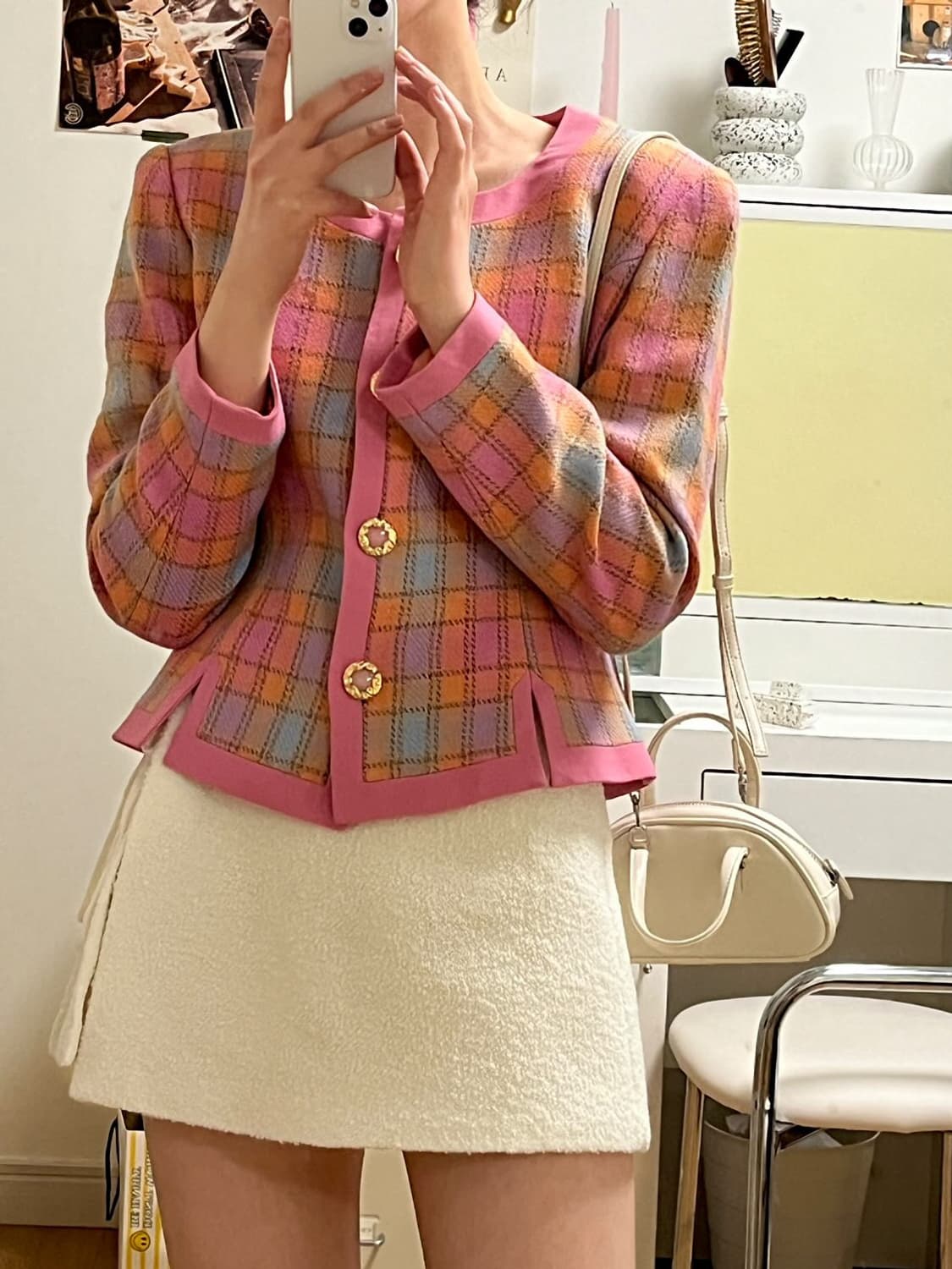 ACEPTO 핑크 체크 트위드 울100 자켓 상품이미지2