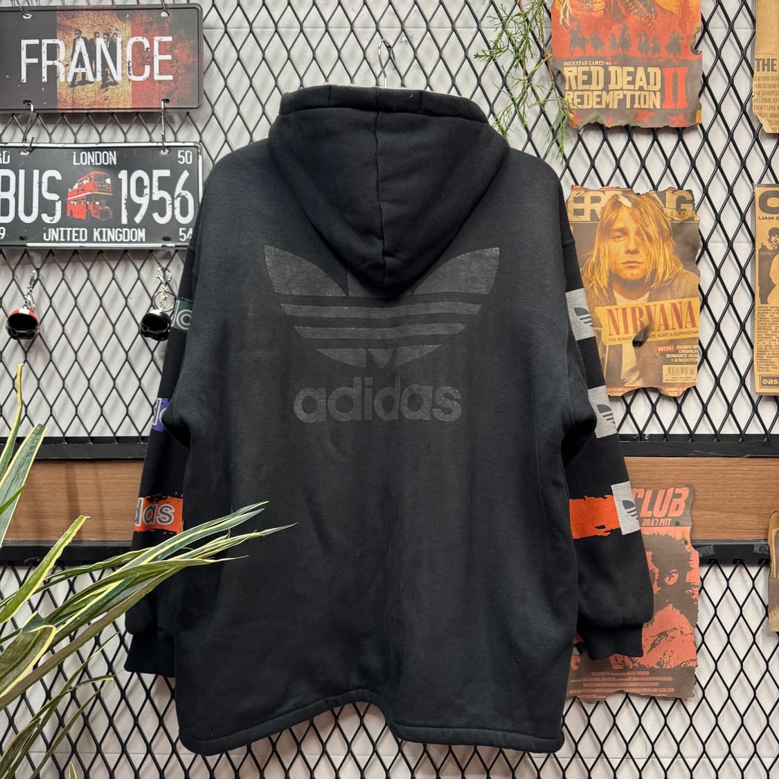 90s 아디다스 올드스쿨 양털 후드 집업 전면 로고플레이 포인트 블랙 상품이미지2