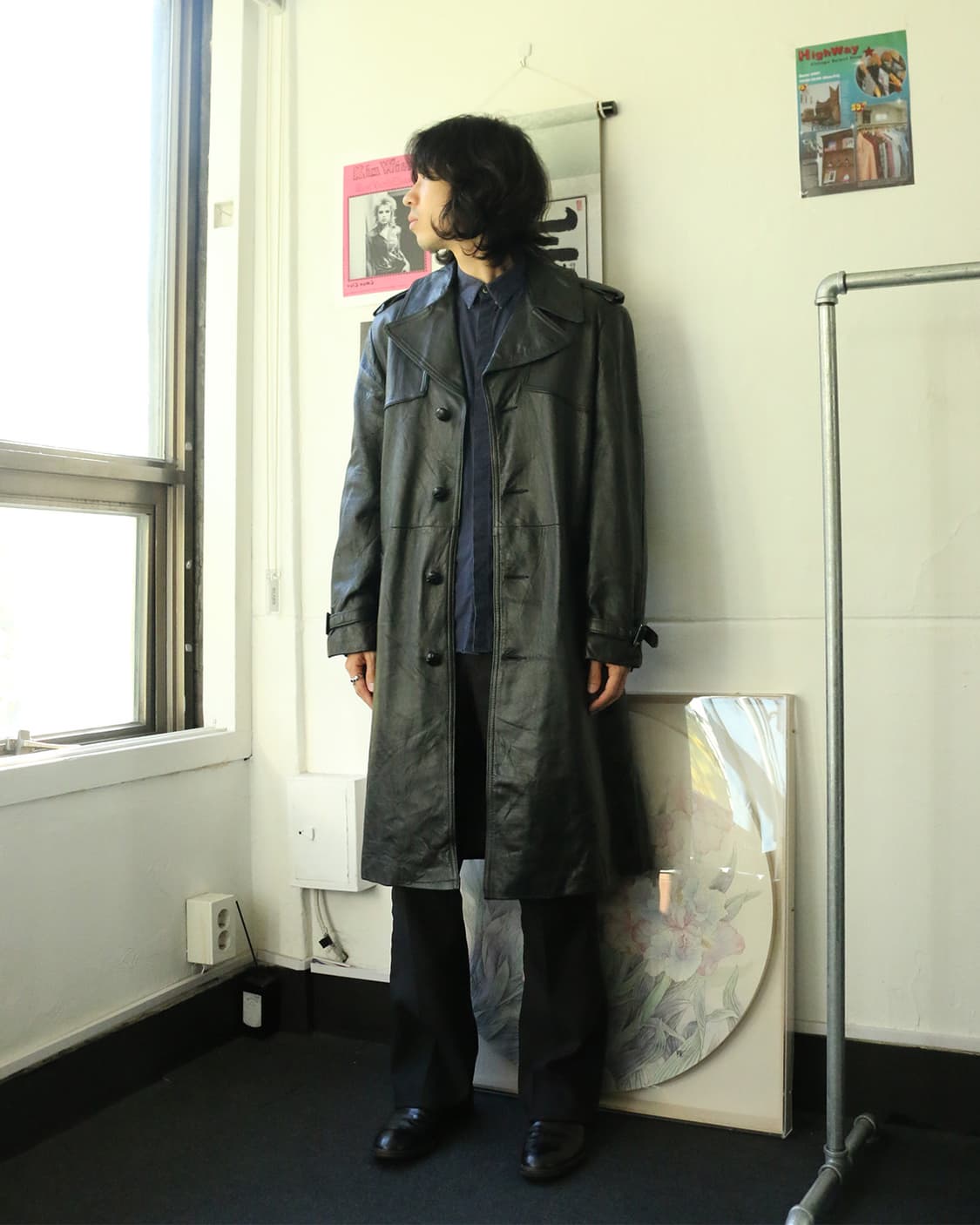 70s USA 블랙 레더 롱 코트 자켓 상품이미지1