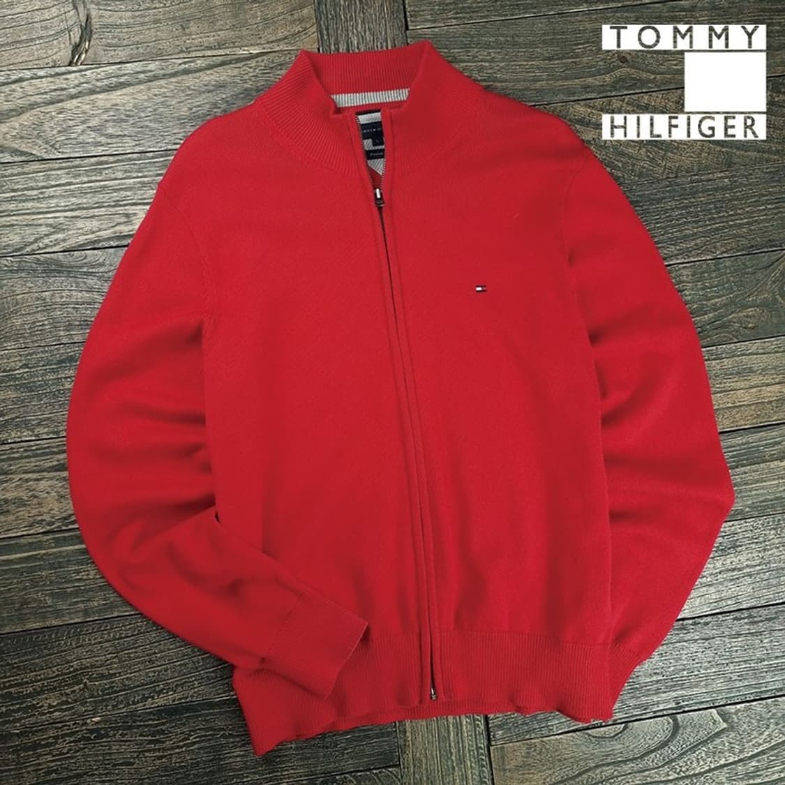 [타미힐피거] 스몰 로고 자수 니트 집업 가디건 레드 M19291 상품이미지1