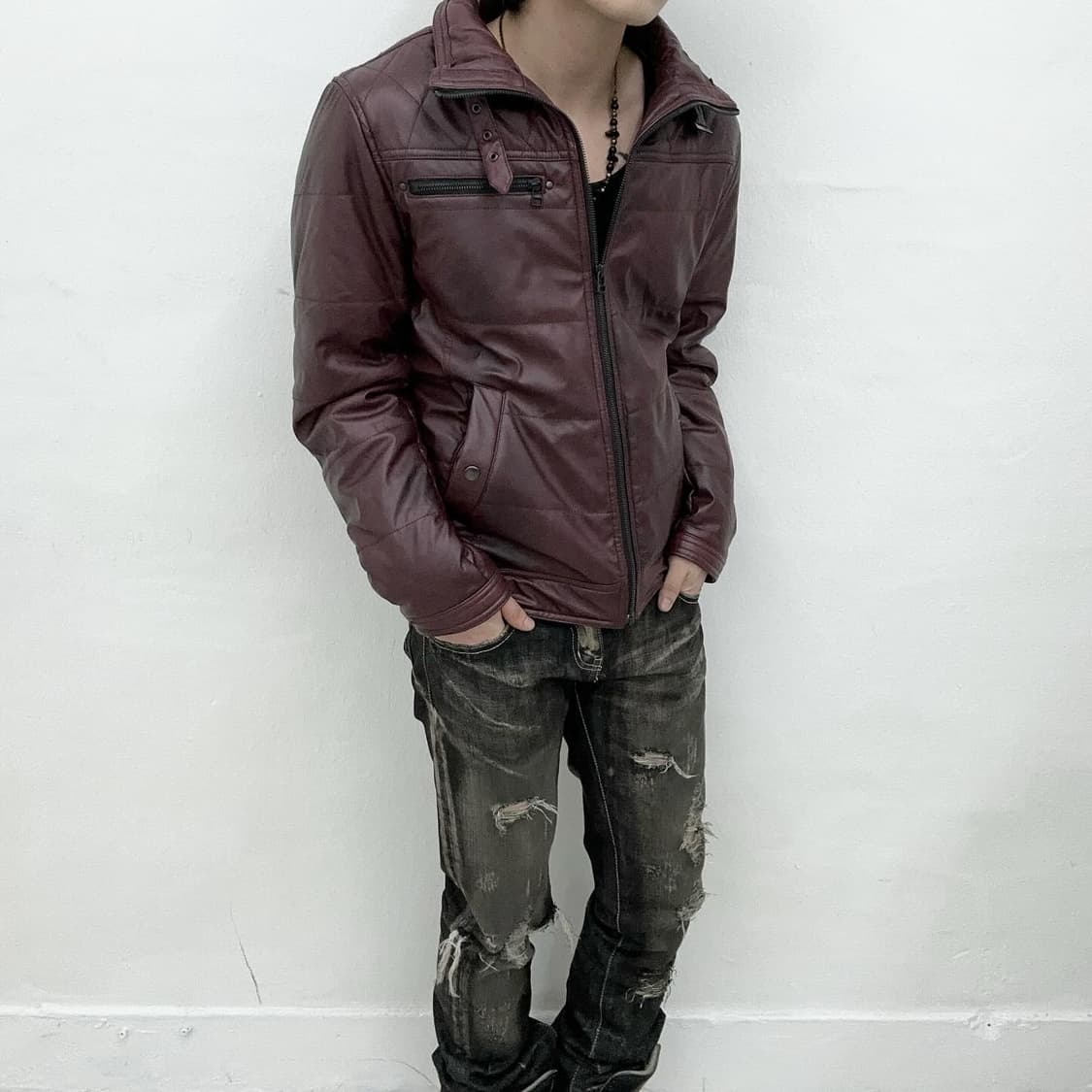 Burgundy faux leather padding jacket 상품이미지2