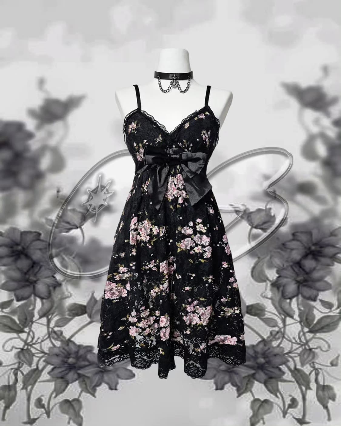 Black lace floral ribbon dress 상품이미지1