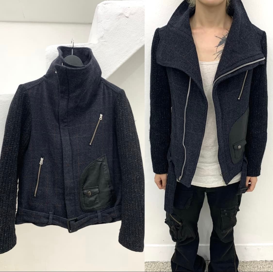 high neck leather patch knit jacket 상품이미지1