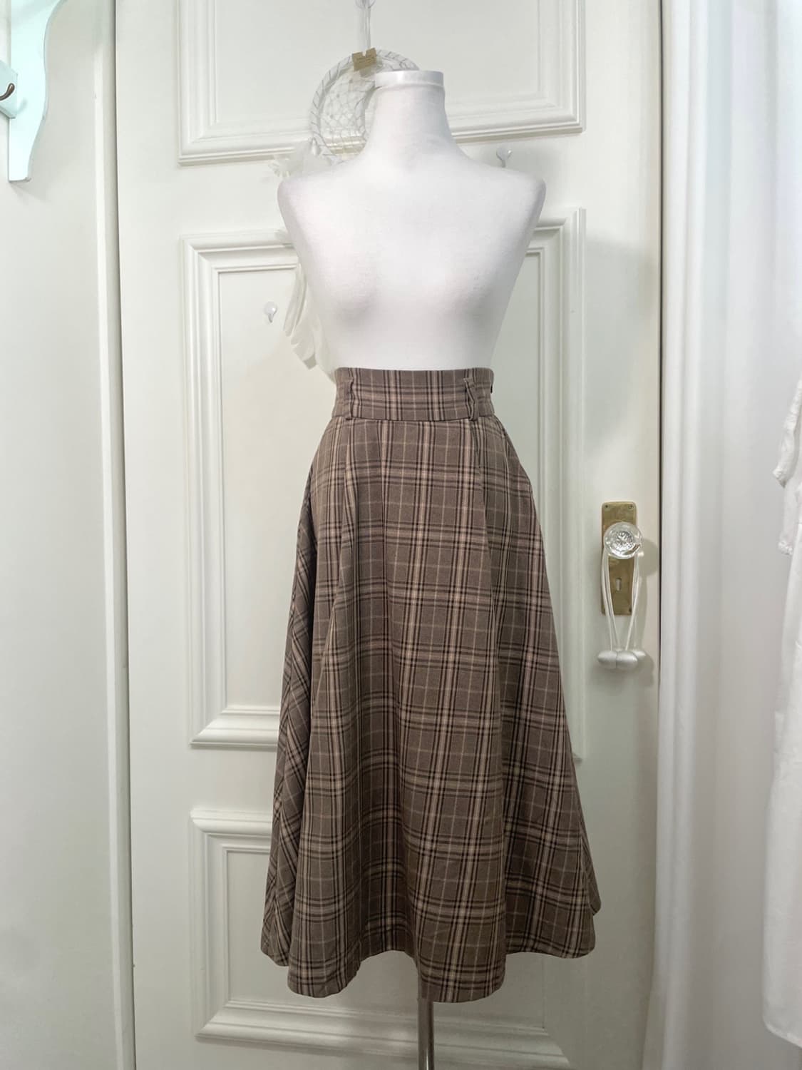 pink brown check back banding skirt 상품이미지1