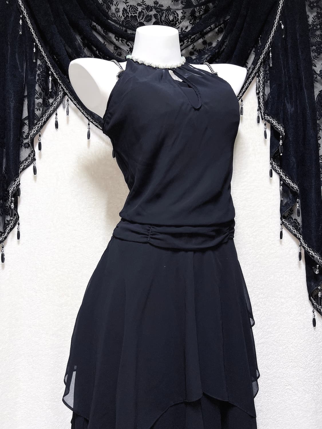 로맨틱고딕 고스 갸루 비즈 홀터넥 나시 언발 쉬폰원피스 파티드레스 연말 상품이미지4