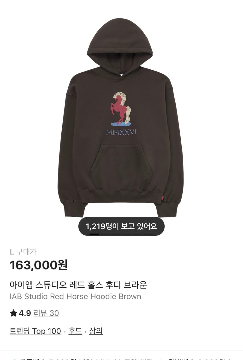새상품 L사이즈 아이앱 스튜디오 레드 홀스 후디 브라운 상품이미지1