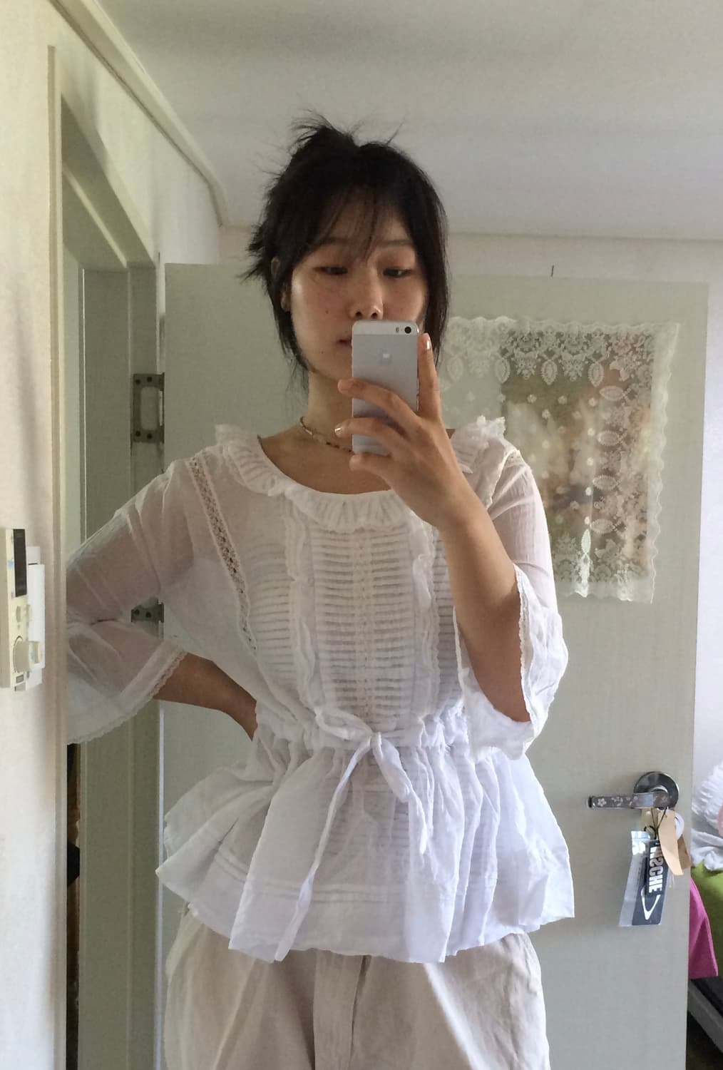 빈티지 레이스 프릴 핀턱 7부 블라우스 상품이미지6