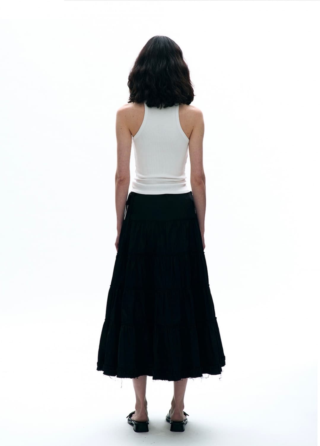 컷 오프 벨티드 티어드 미디 스커트 블랙 상품이미지4