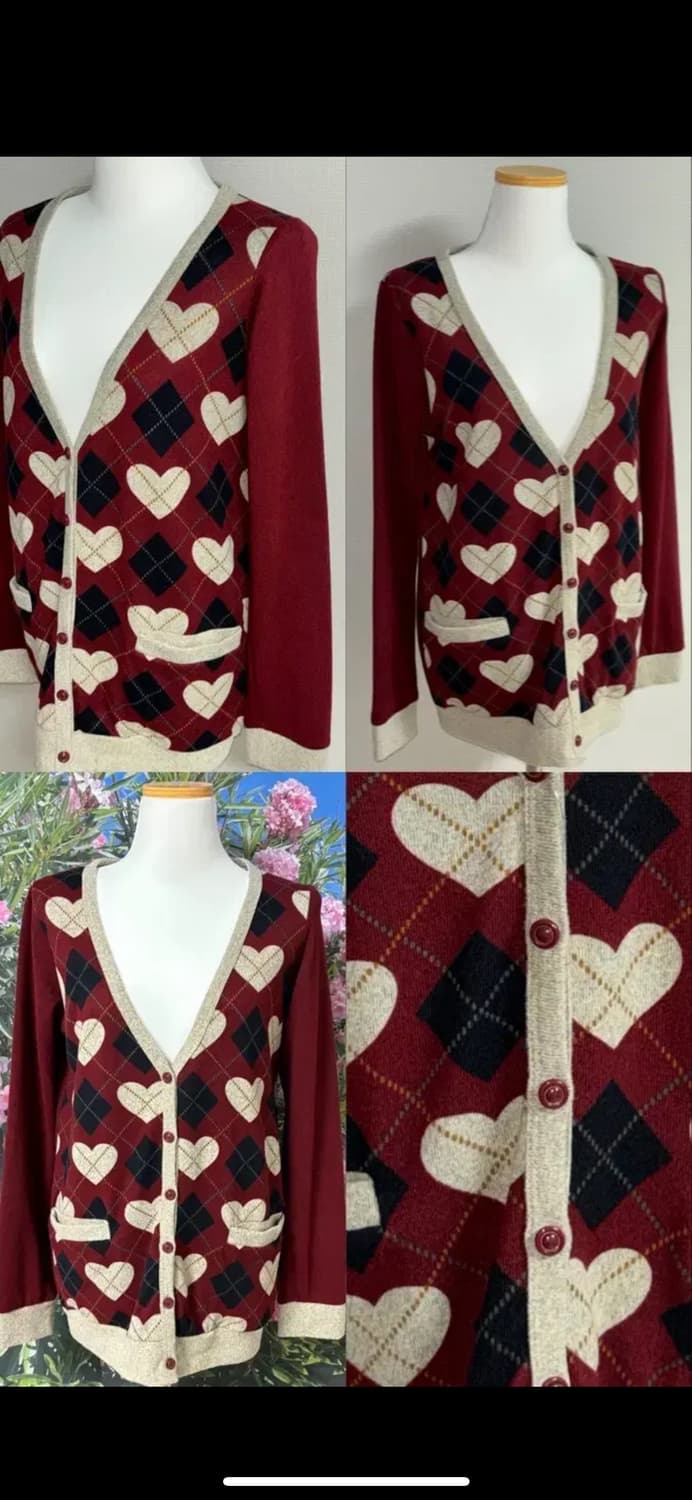 아가일 하트 패턴 레드 가디건 상품이미지4