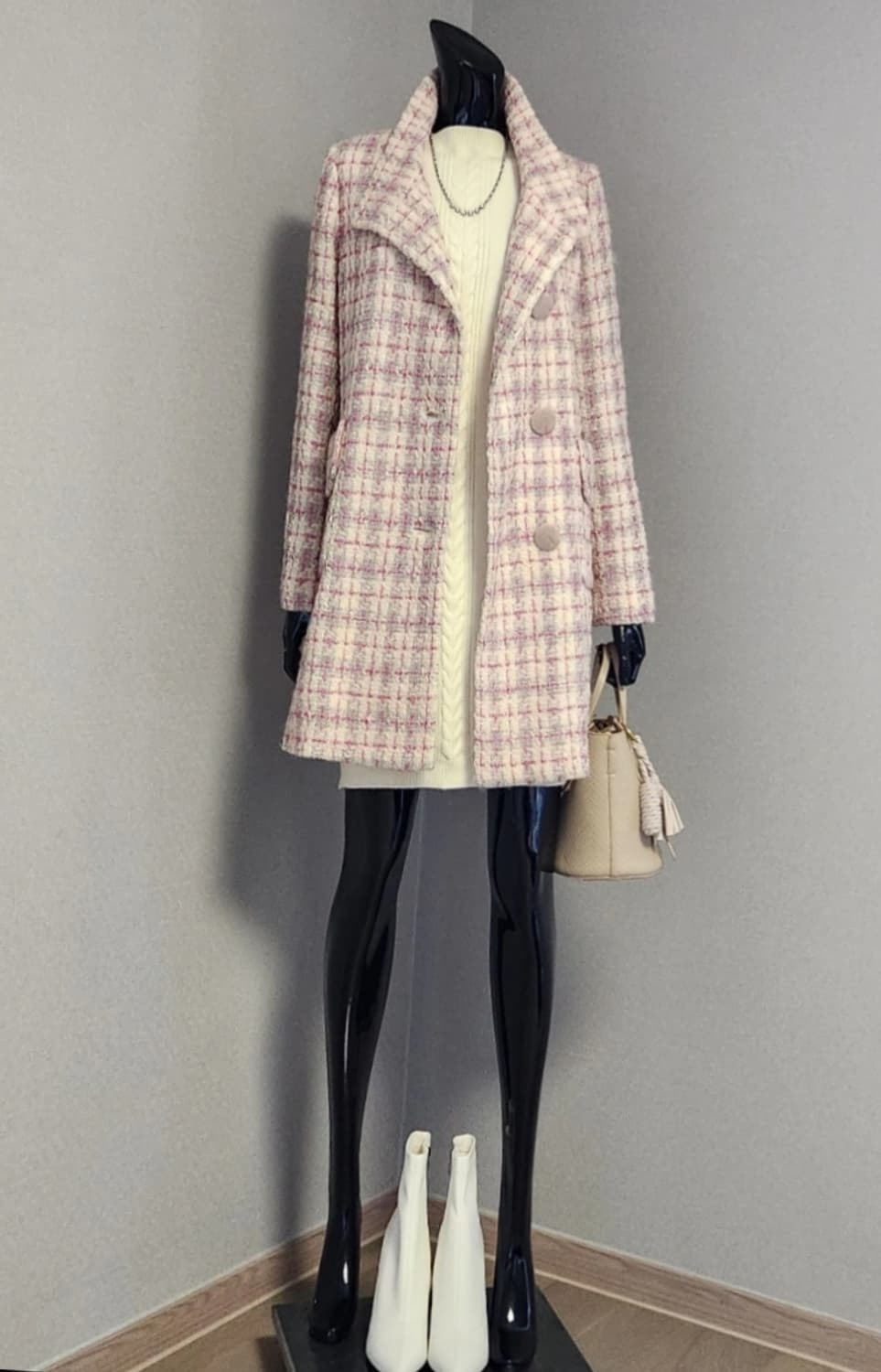핑크체크 트위드 롱자켓  상품이미지2
