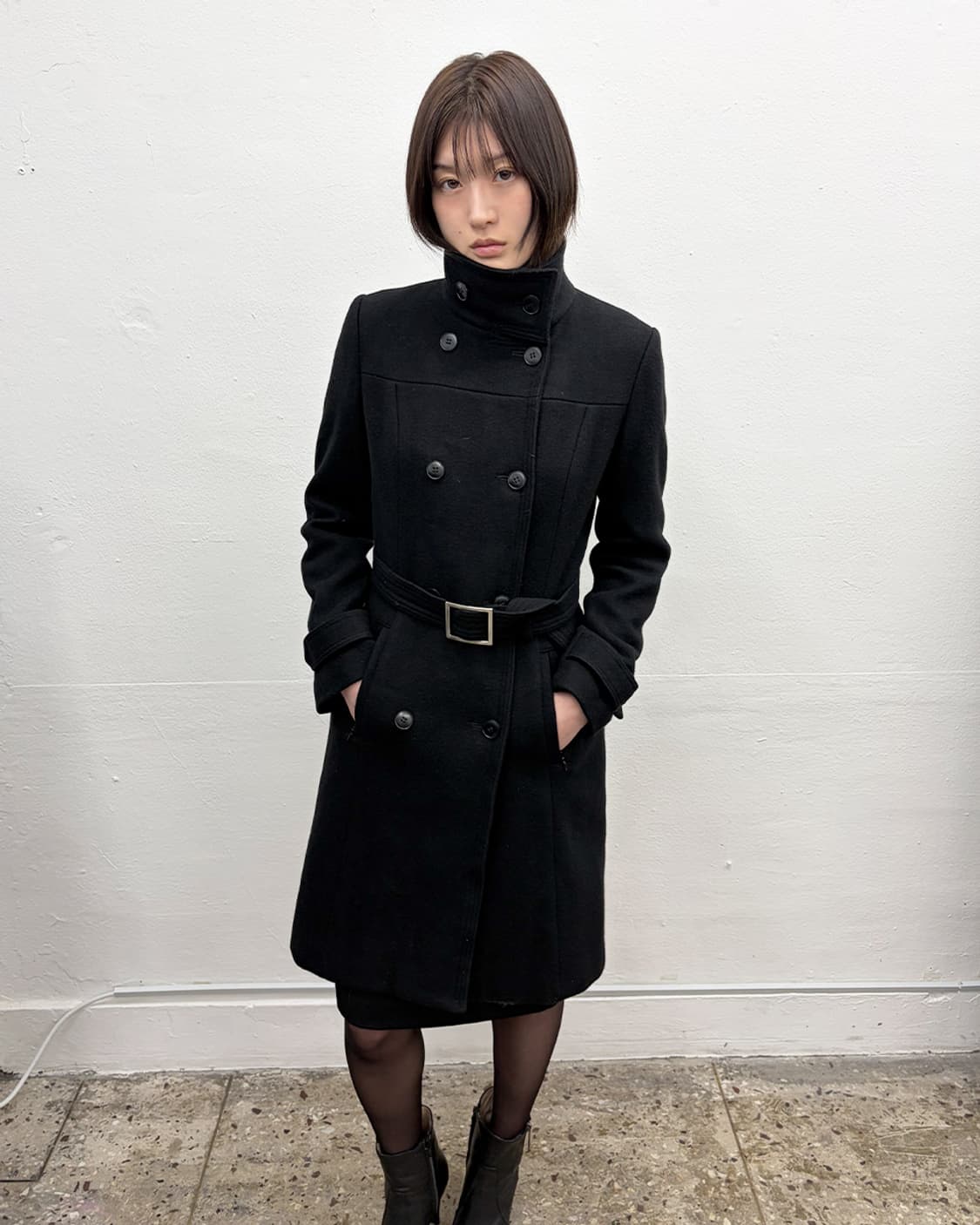 90s 프렌치 디자이너 벨티드 하이넥 더블 코트 상품이미지1