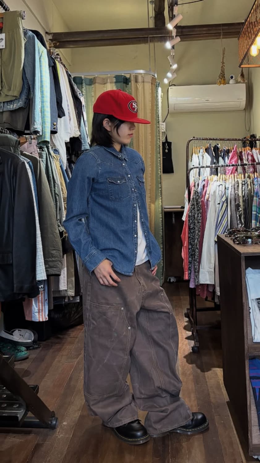 브라운 더블니 워싱 데님 팬츠 상품이미지1