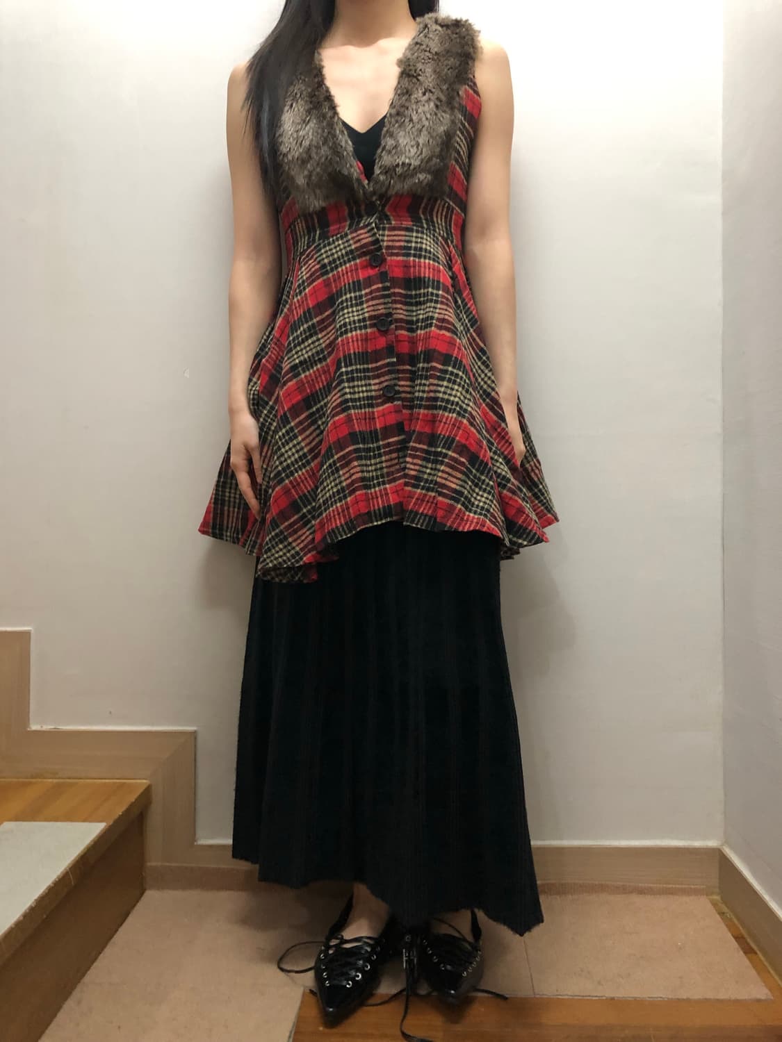 빈티지 레드 체크 퍼 원피스 상품이미지4
