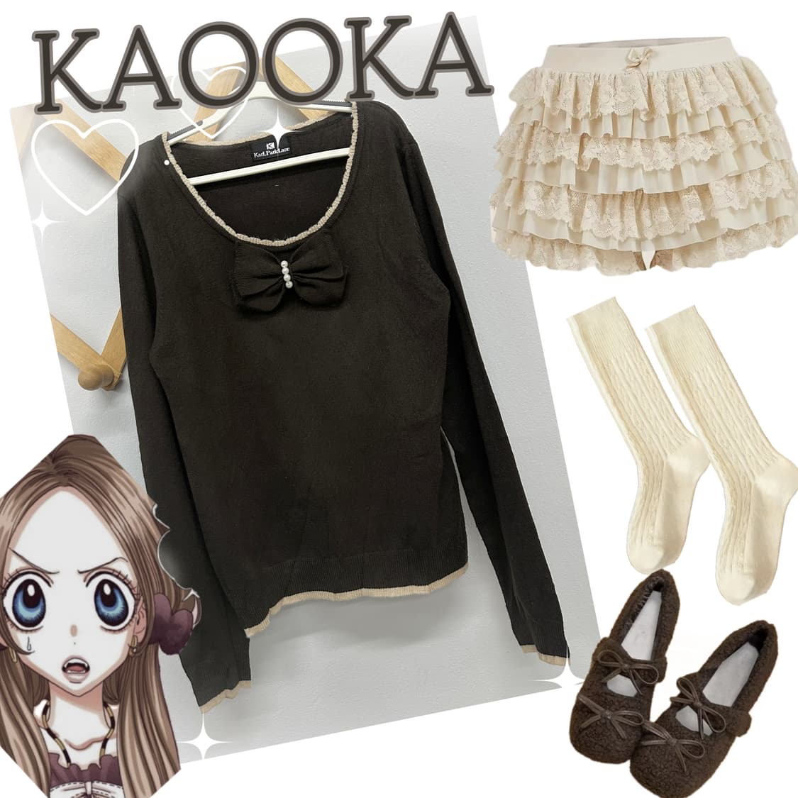 🥨쇼콜라깔 라떼갸루 🥨 리본 진주 브라운 니트 이너 히메 러블리  상품이미지1