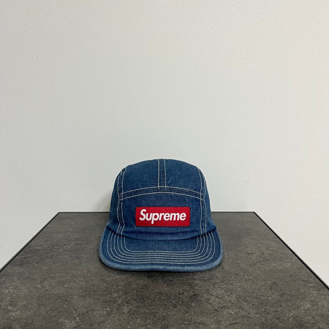 슈프림 스티치 워시드 데님 레드 박스로고 캠프캡 모자 상품이미지1