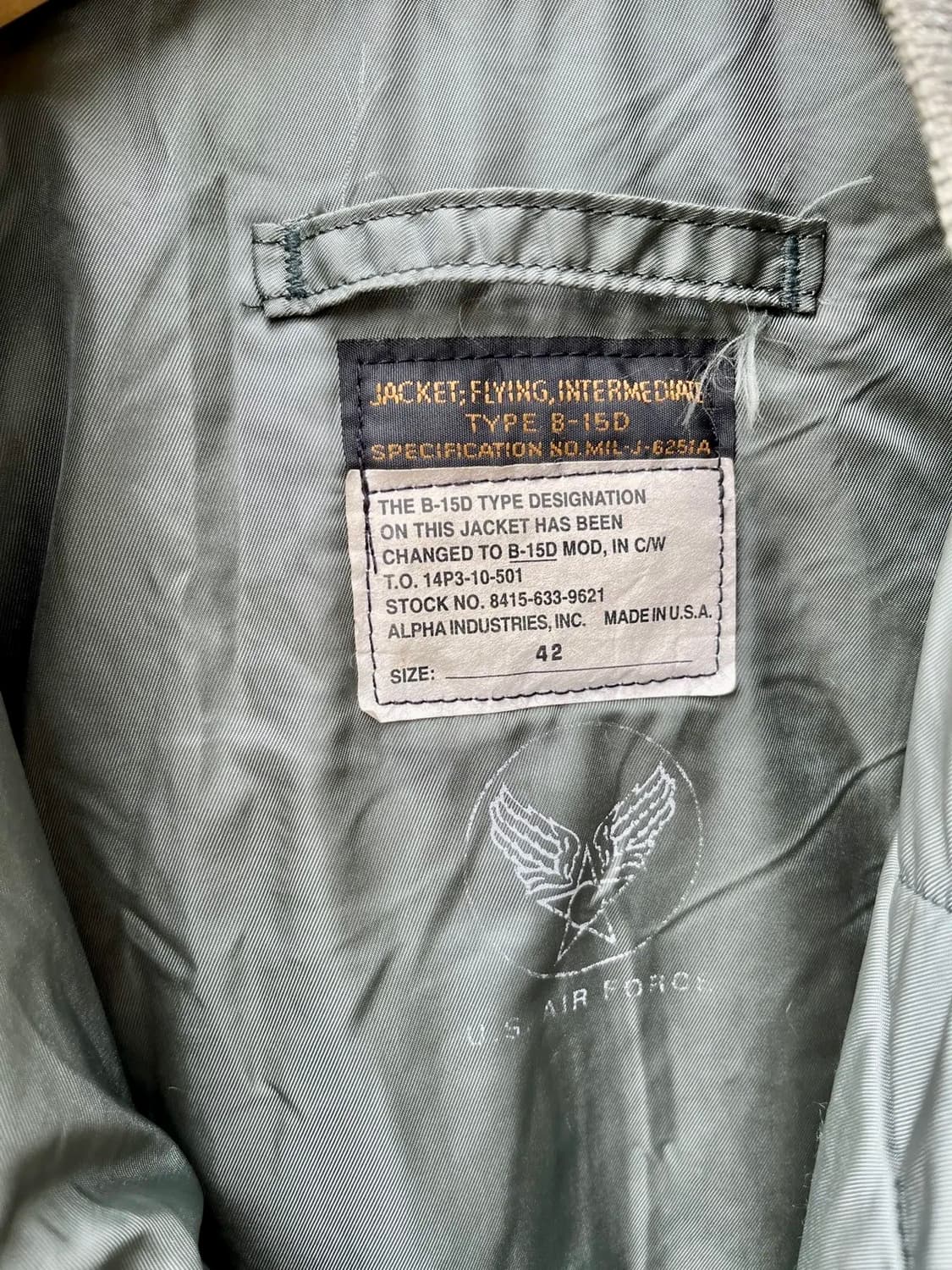 알파 인더스트리 B-15D 항공 점퍼 42 (USA Made) 상품이미지3
