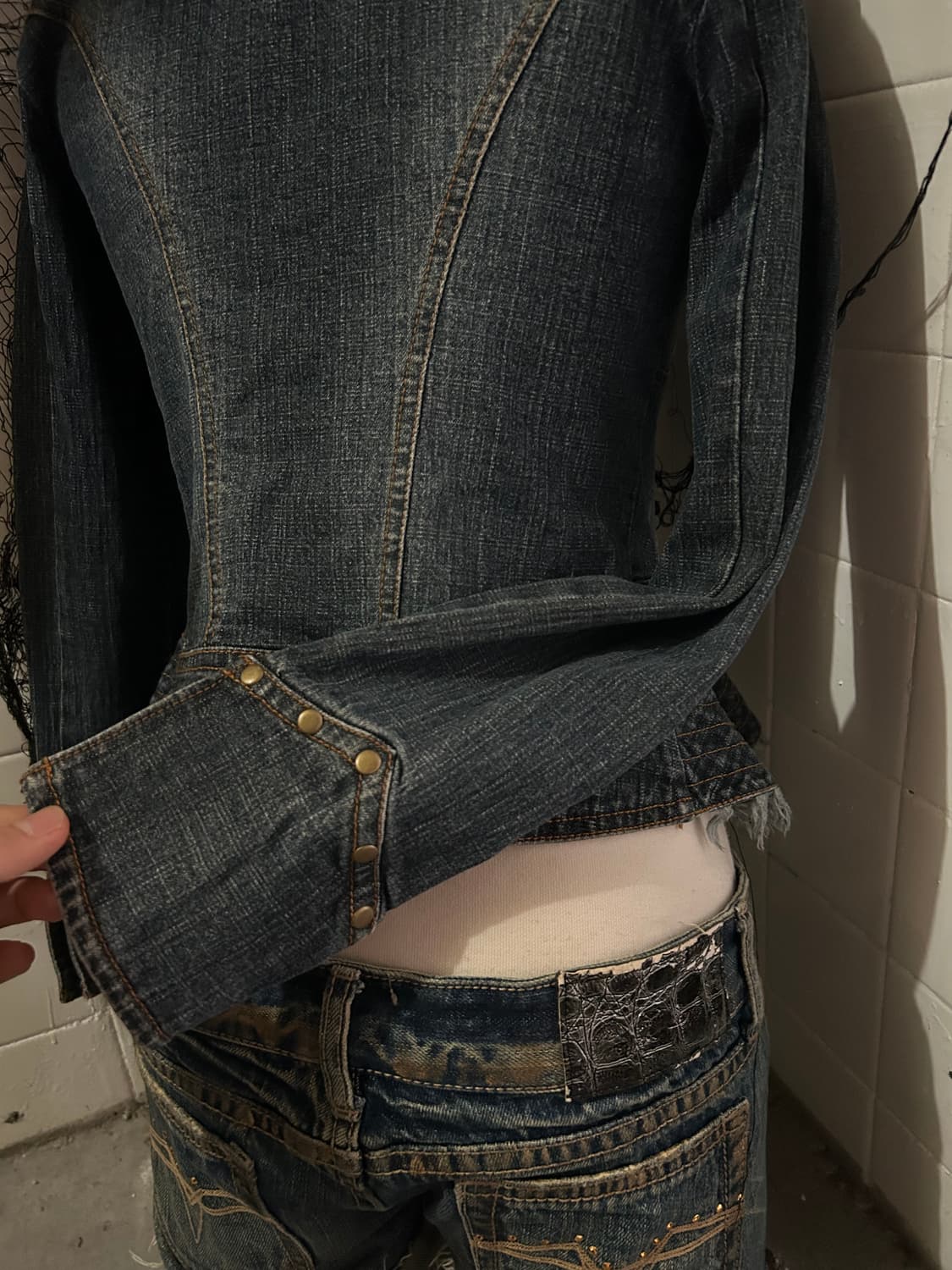 일본빈티지 Y2K 숏 그런지 찡 디테일 데님자켓 상품이미지4