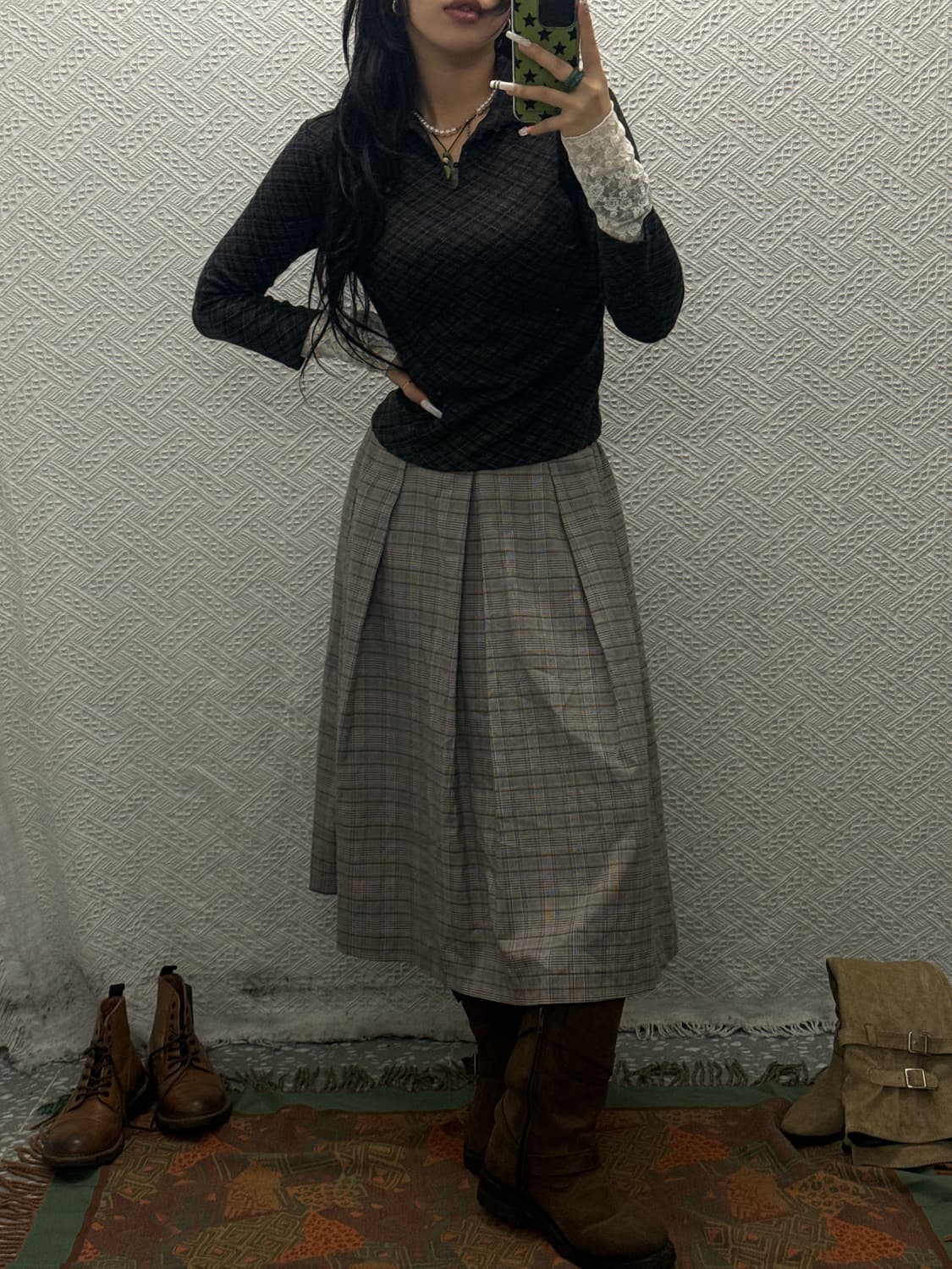 빈티지 코지 러블리 모카무스 아가일 체크 단추 롱슬리브 K0092 상품이미지2