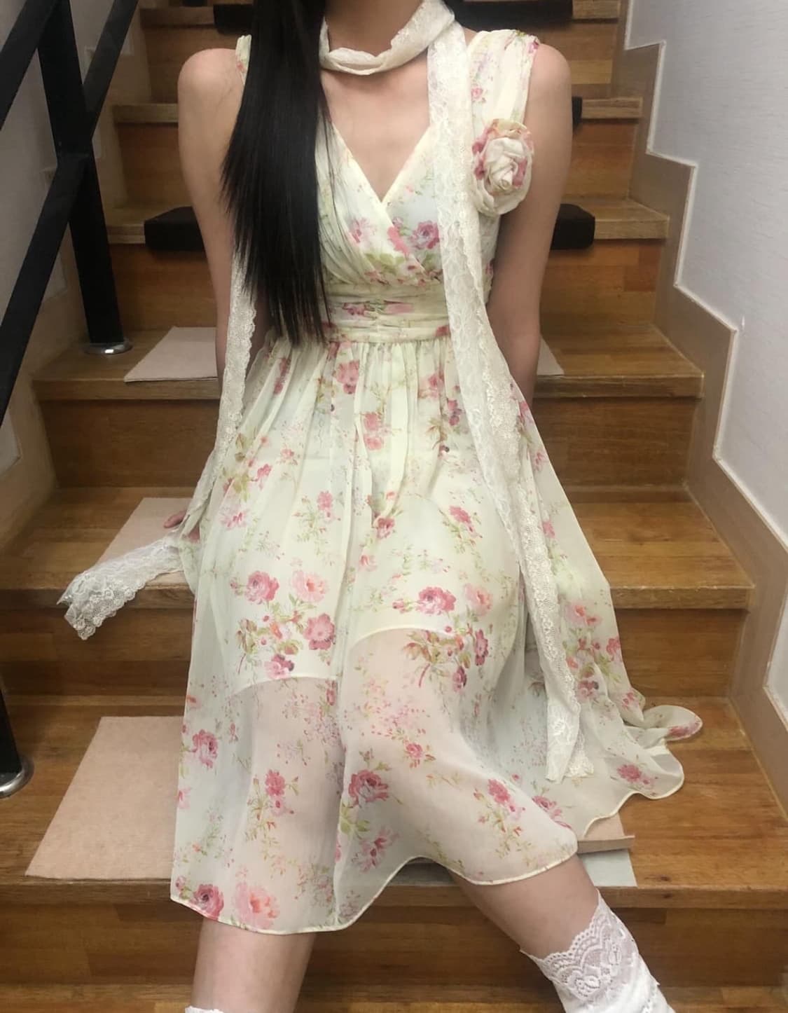 빈티지 화이트 플라워 롱 원피스 상품이미지4