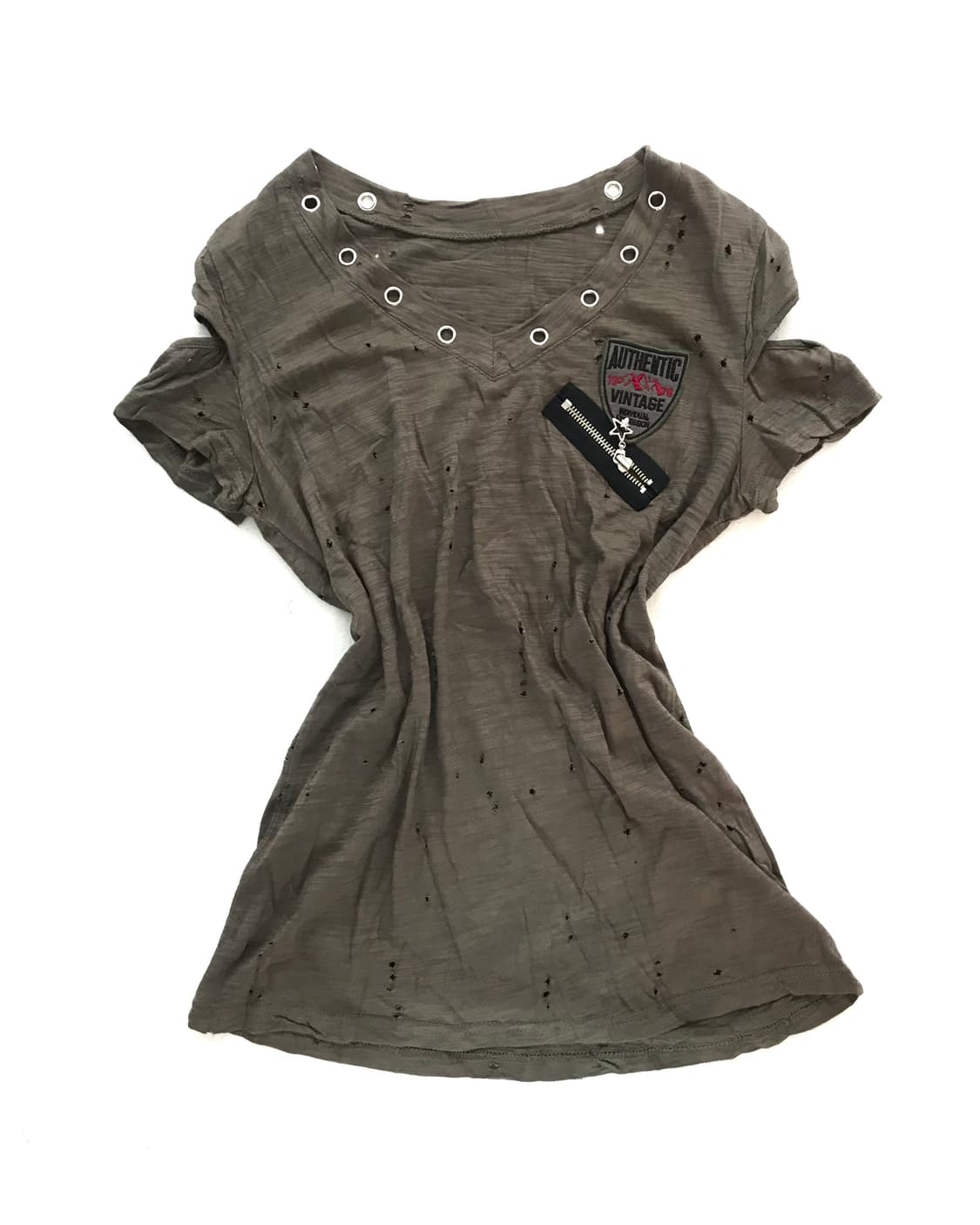 Khaki grunge damage eyelet&zipper tshirt 상품이미지3