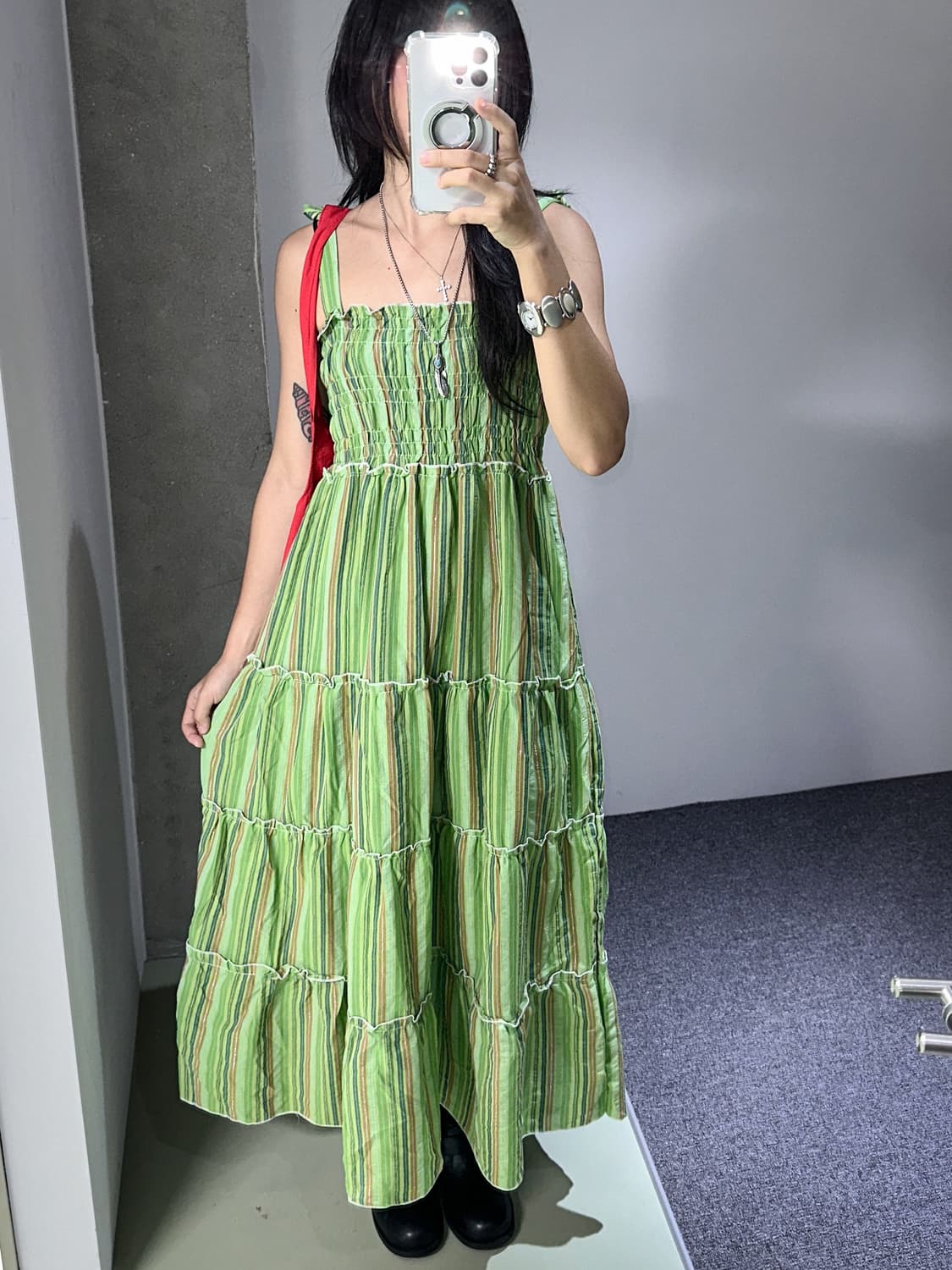 green color stripes strap dress 상품이미지3