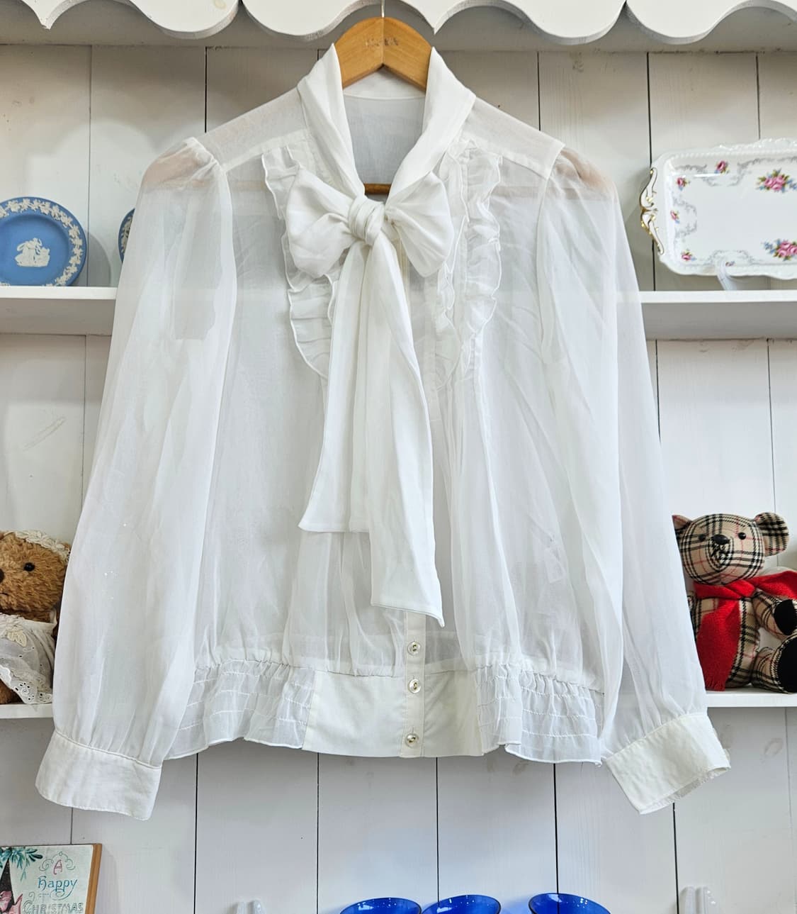 화이트 리본 쉬폰 블라우스 상품이미지1