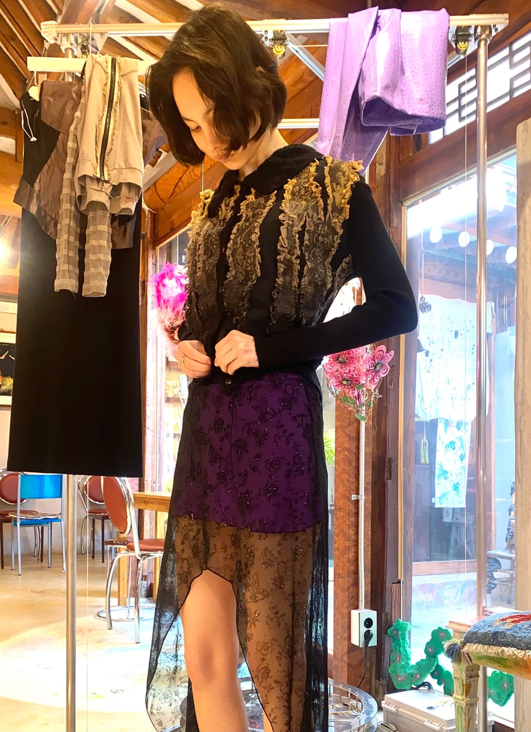 90s Didier Parakian 디스트레스트 프린지 니트 가디건 상품이미지1