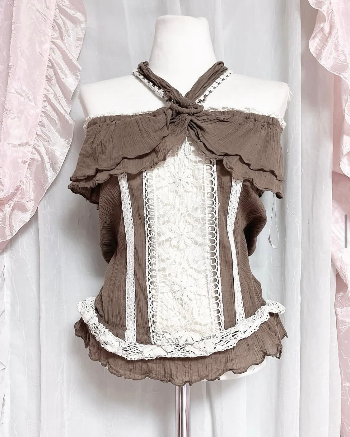 리즈리사 고전 옾숄 홀터넥 탑 라떼갸루 빈티지 핀터깔 큐롯 상품이미지1