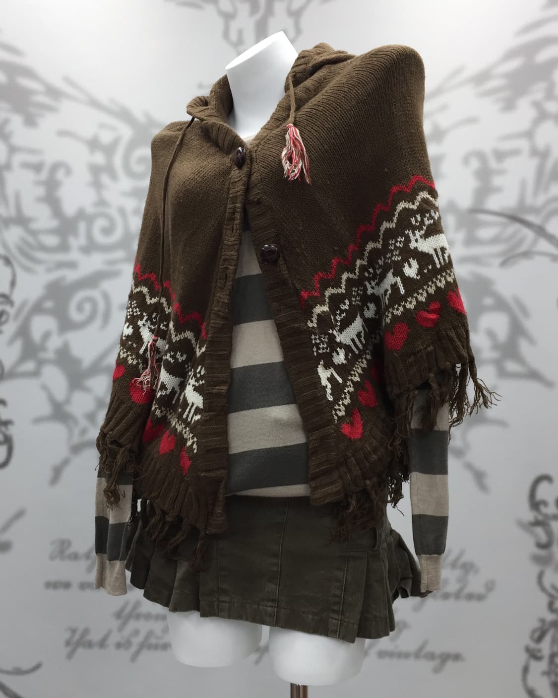 Nordic pattern fringe hooded knit cape 상품이미지6