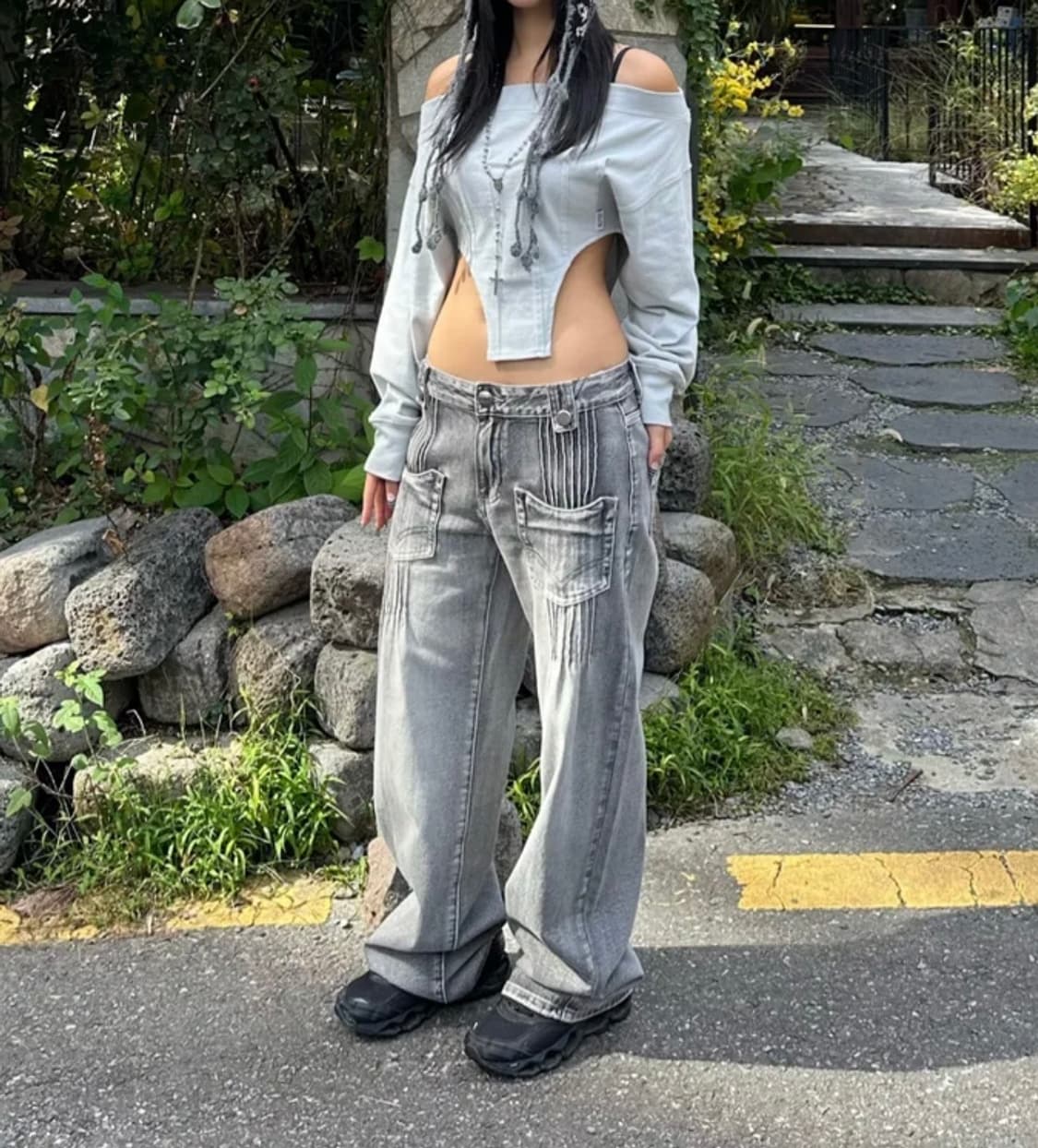 Pintuck Pocket Denim Pants Washed Gray M 상품이미지3