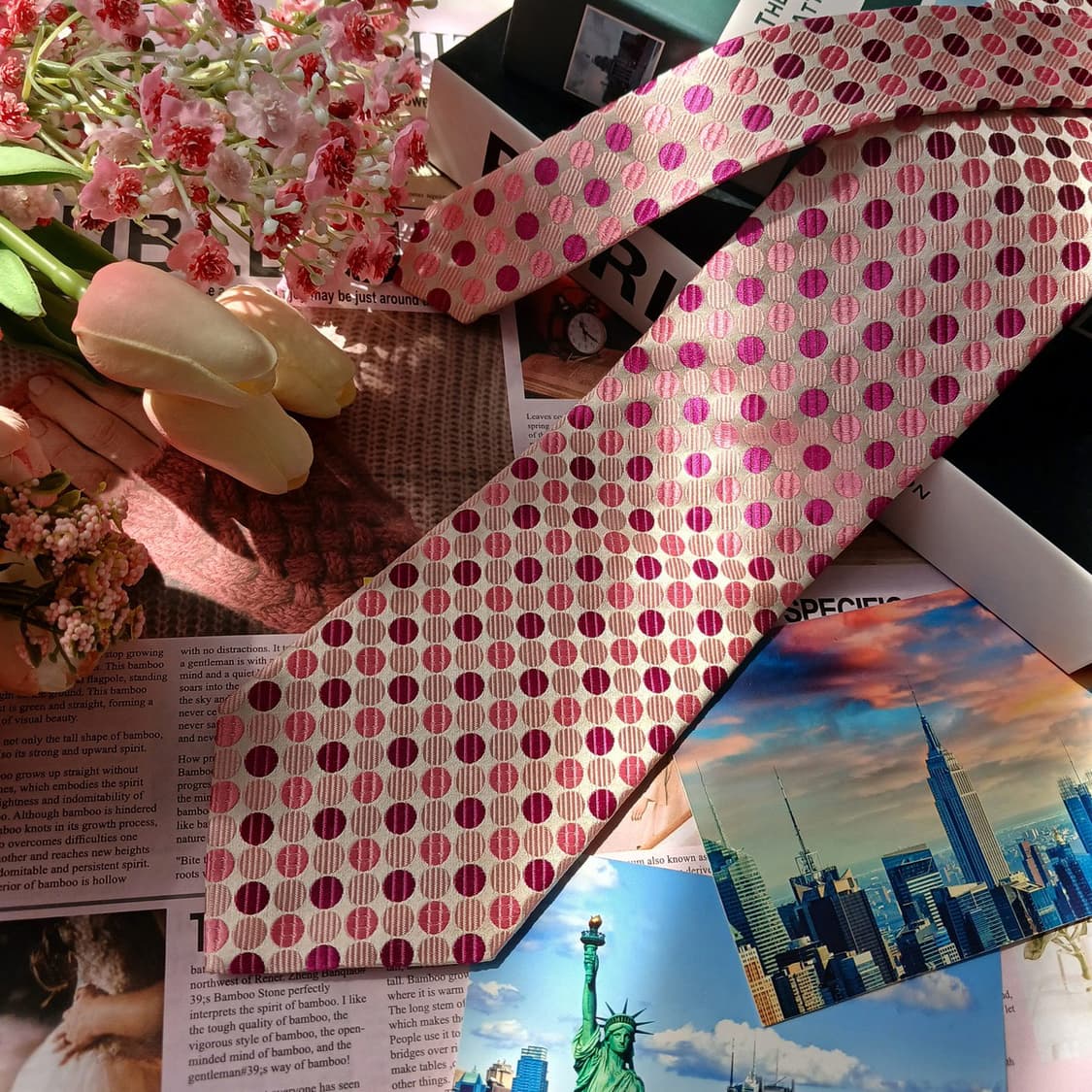 아쿠아스큐텀 실크 핑크 도트 패턴 넥타이 9.2cm S~A+등급 E916 상품이미지4