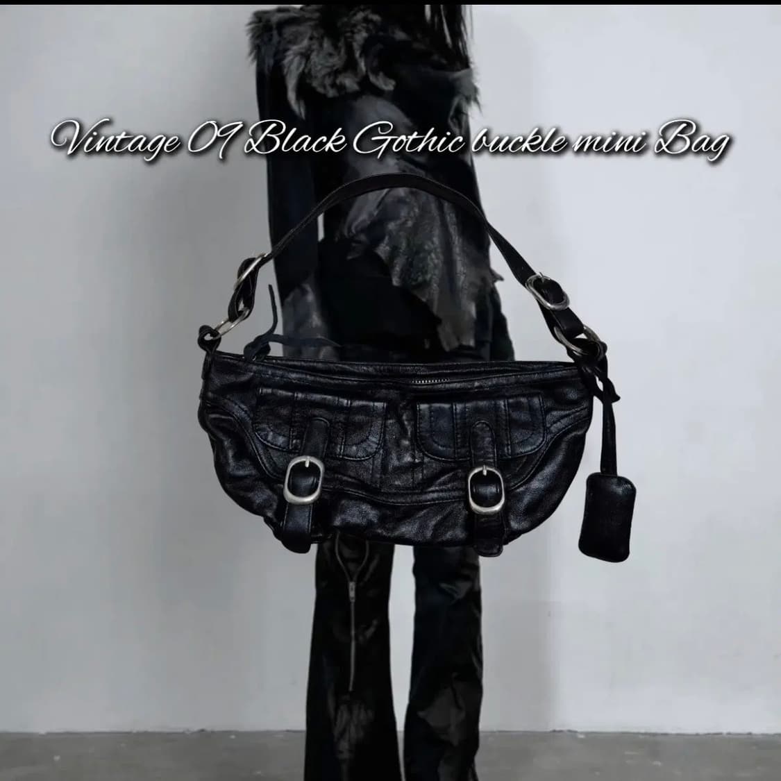 블랙 리얼레더 양가죽 고딕 버클 미니 숄더백 락시크다크웨어보헤미안서울 상품이미지1
