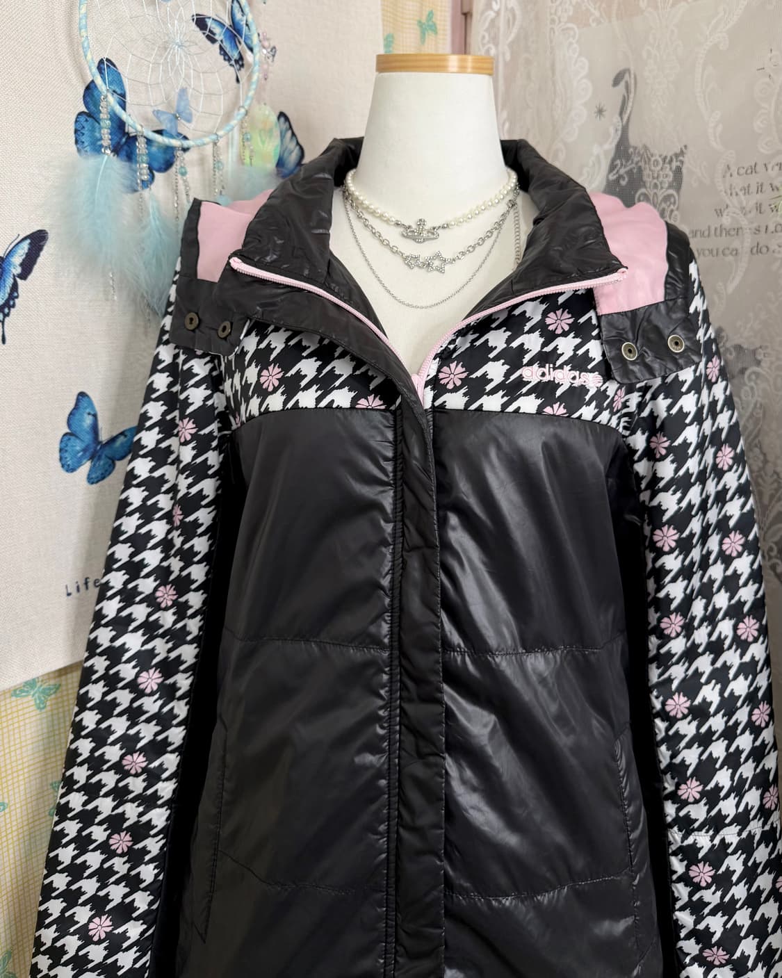 아디다스 블랙 & 핑크 하운드 체크 패딩 자켓 상품이미지6