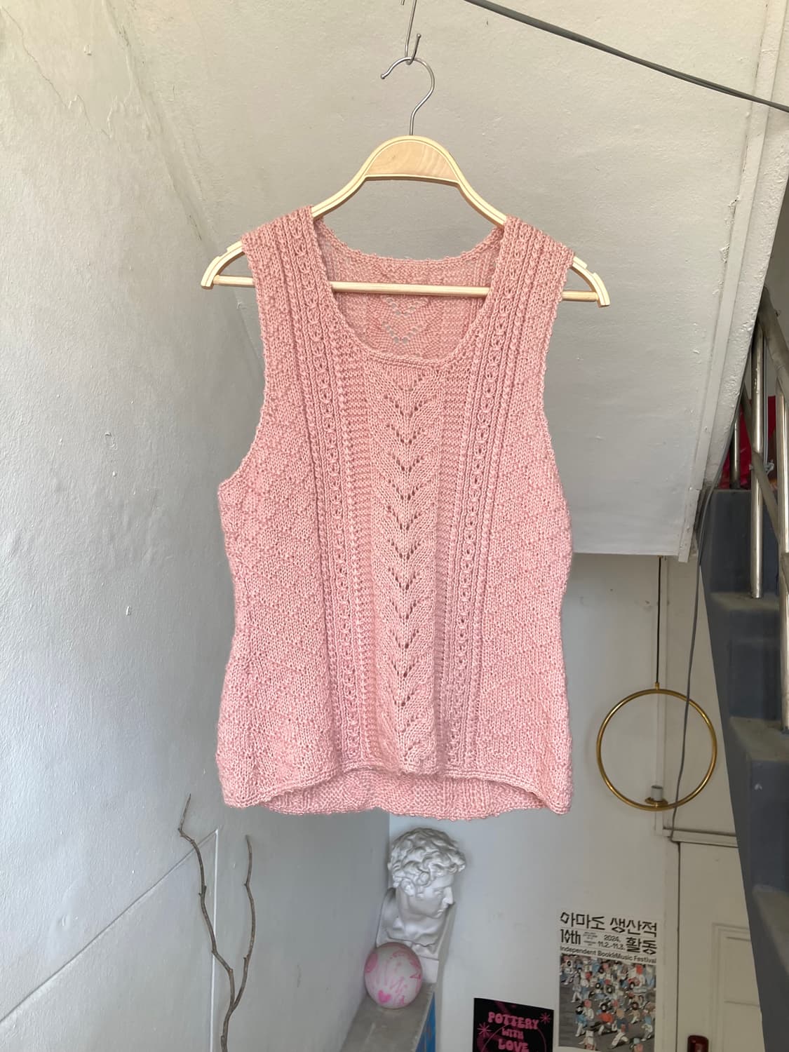 크로셰 핑크 슬리브리스 뜨개 니트 상품이미지1