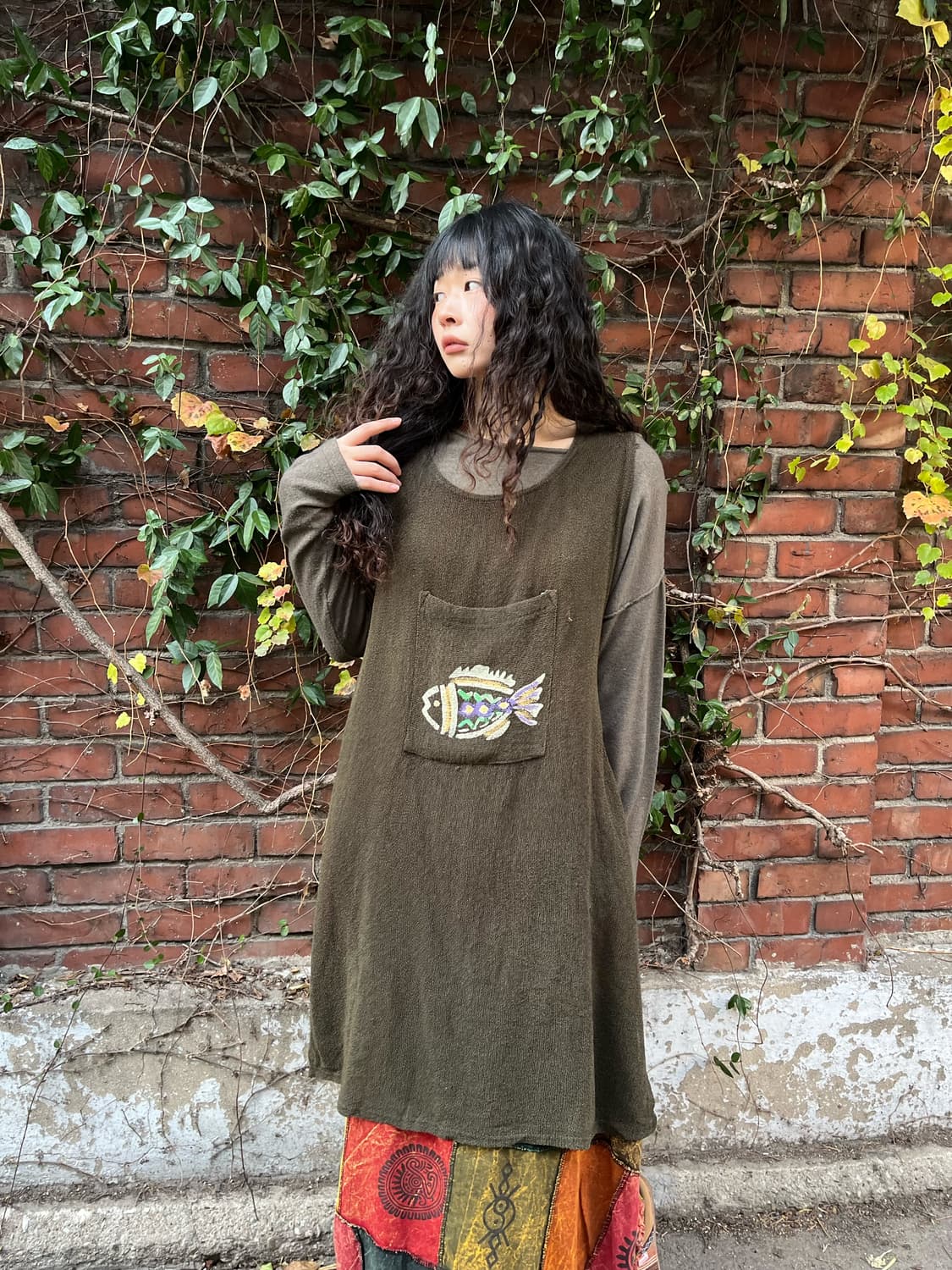 빈티지 히피 카키 레이어드 원피스 상품이미지3