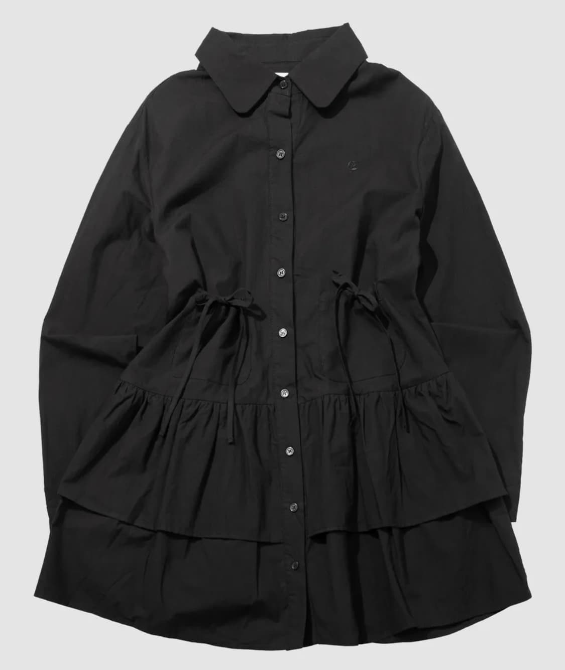 2단 프릴 스트랩 포켓 리본 포인트 라운드 카라 캉캉 레이어드 미디 셔츠 상품이미지1