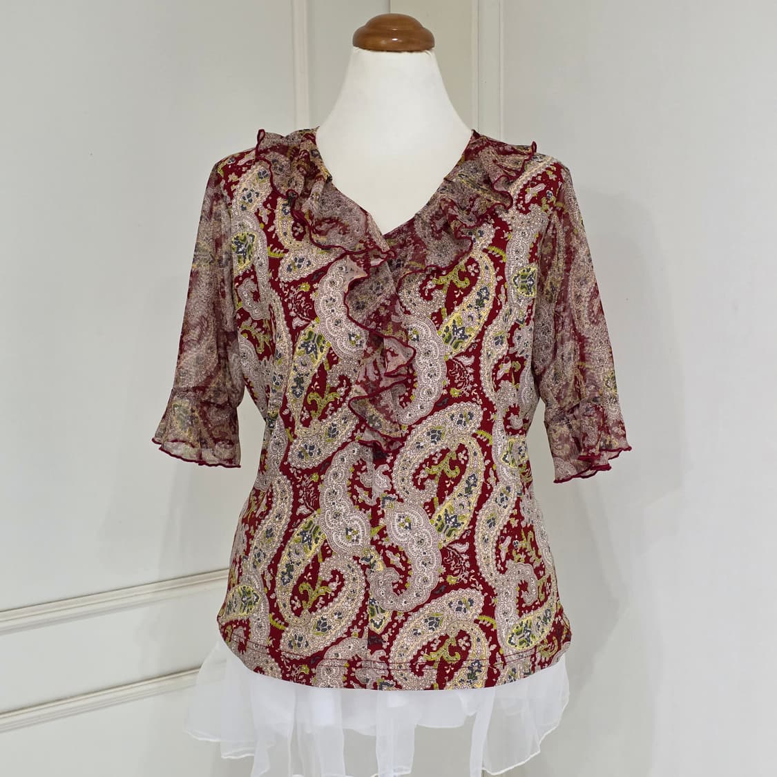 일본빈티지)페이즐리 패턴 프릴 시스루 레트로 보헤미안 블라우스 상품이미지1