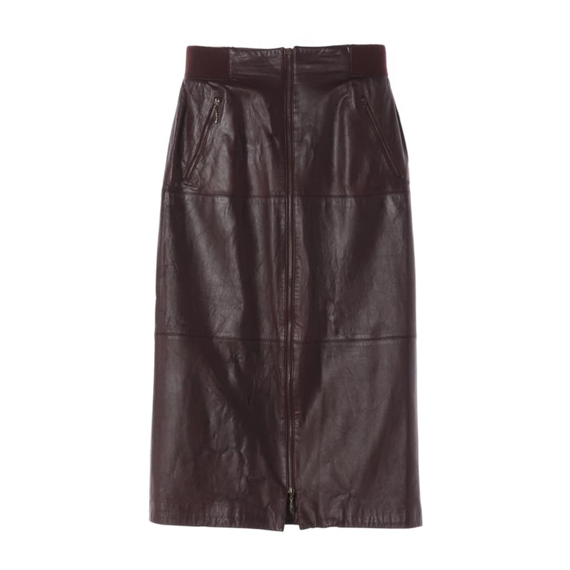리얼 양가죽 버건디 프론트 지퍼 미디 스커트 상품이미지1