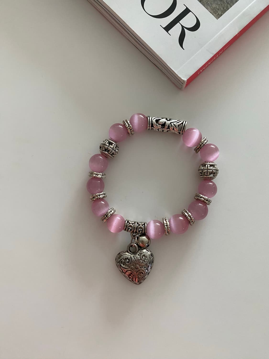 핑크 캣츠아이 비즈 하트 참 팔찌 상품이미지3