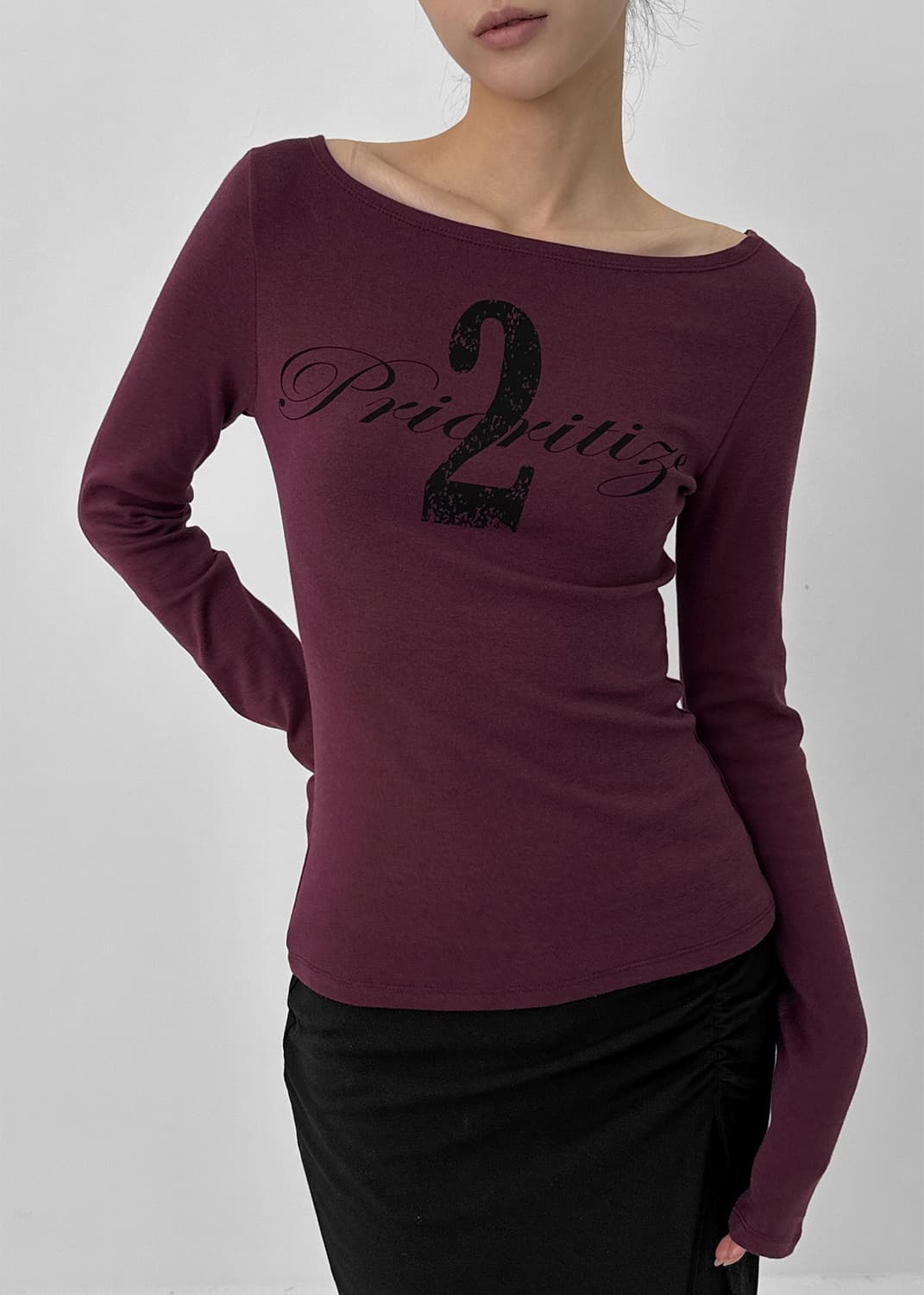 블랙업 made 버건디 케리프프린팅슬리브티 보트넥 긴팔 상품이미지2