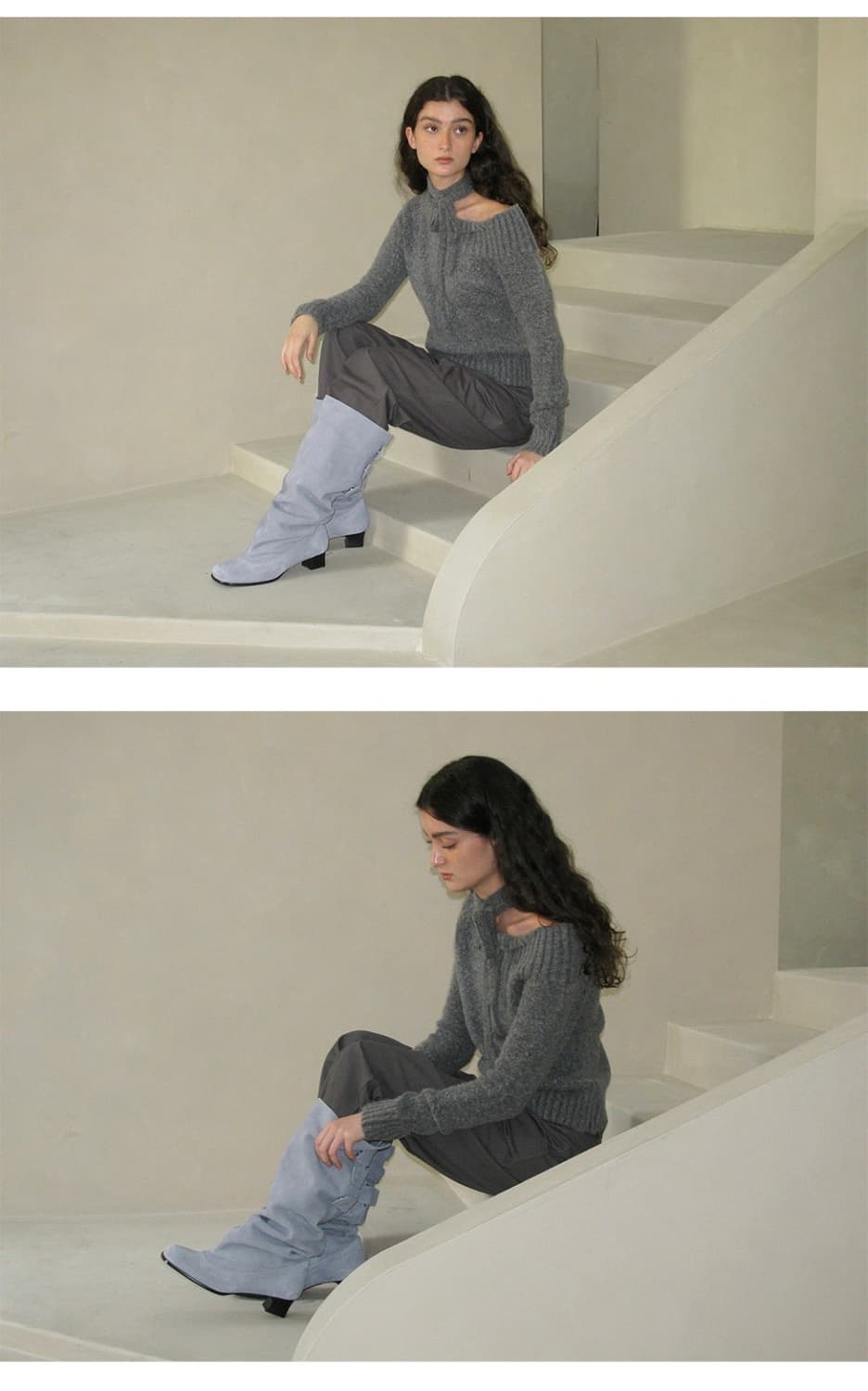 파르티멘토우먼 타이넥 스트랩 언발란스드 니트탑 차콜 리본그레이스카프원숄더 상품이미지10