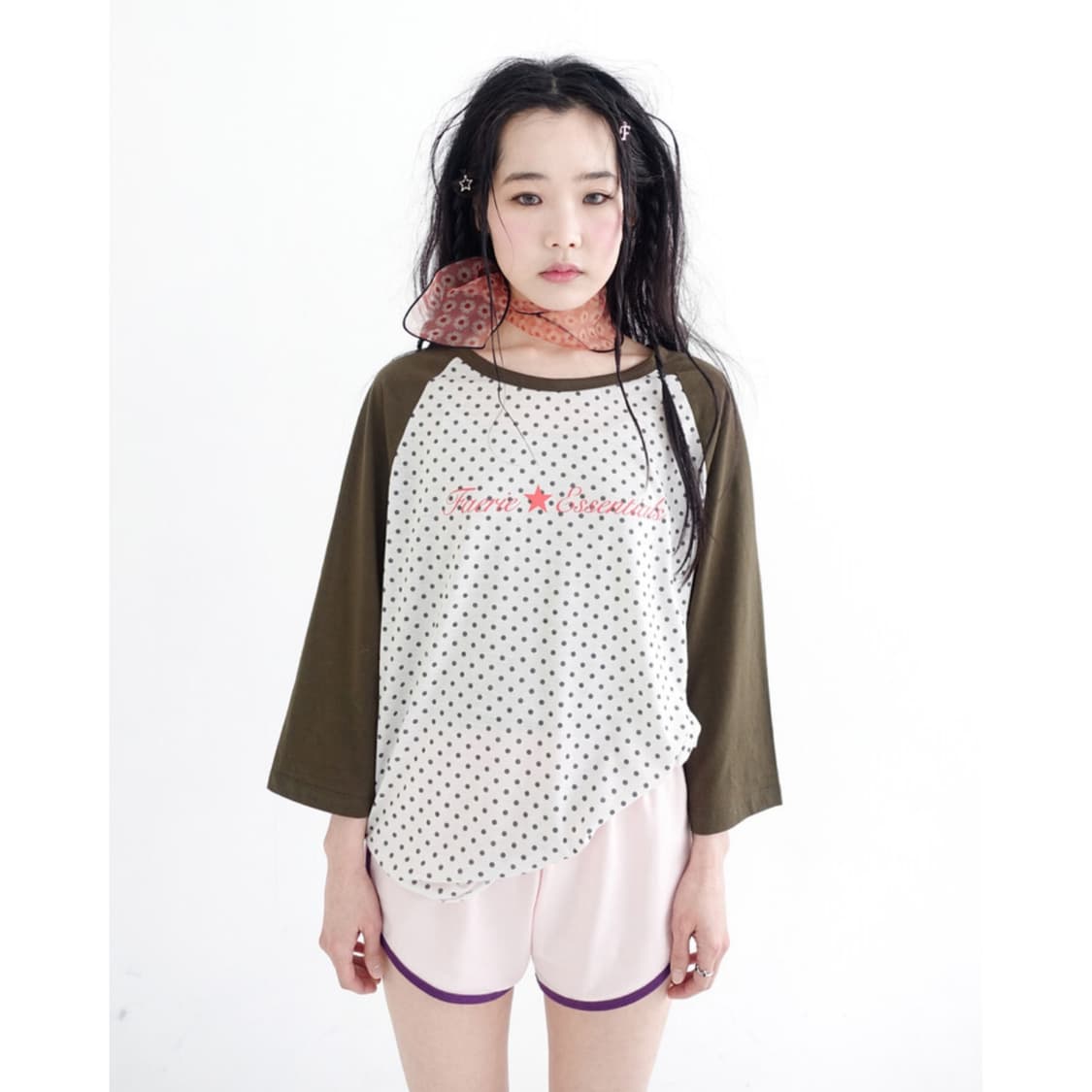 샵페어리 도트 레글런 슬리브 탑 카키 긴팔 티셔츠 상품이미지4