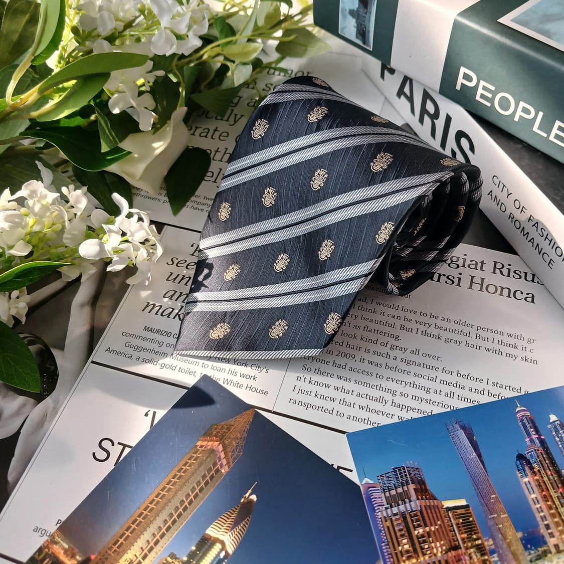 아쿠아스큐텀 스트라이프 로고 패턴 넥타이 9.4cm A+등급 E778 상품이미지3