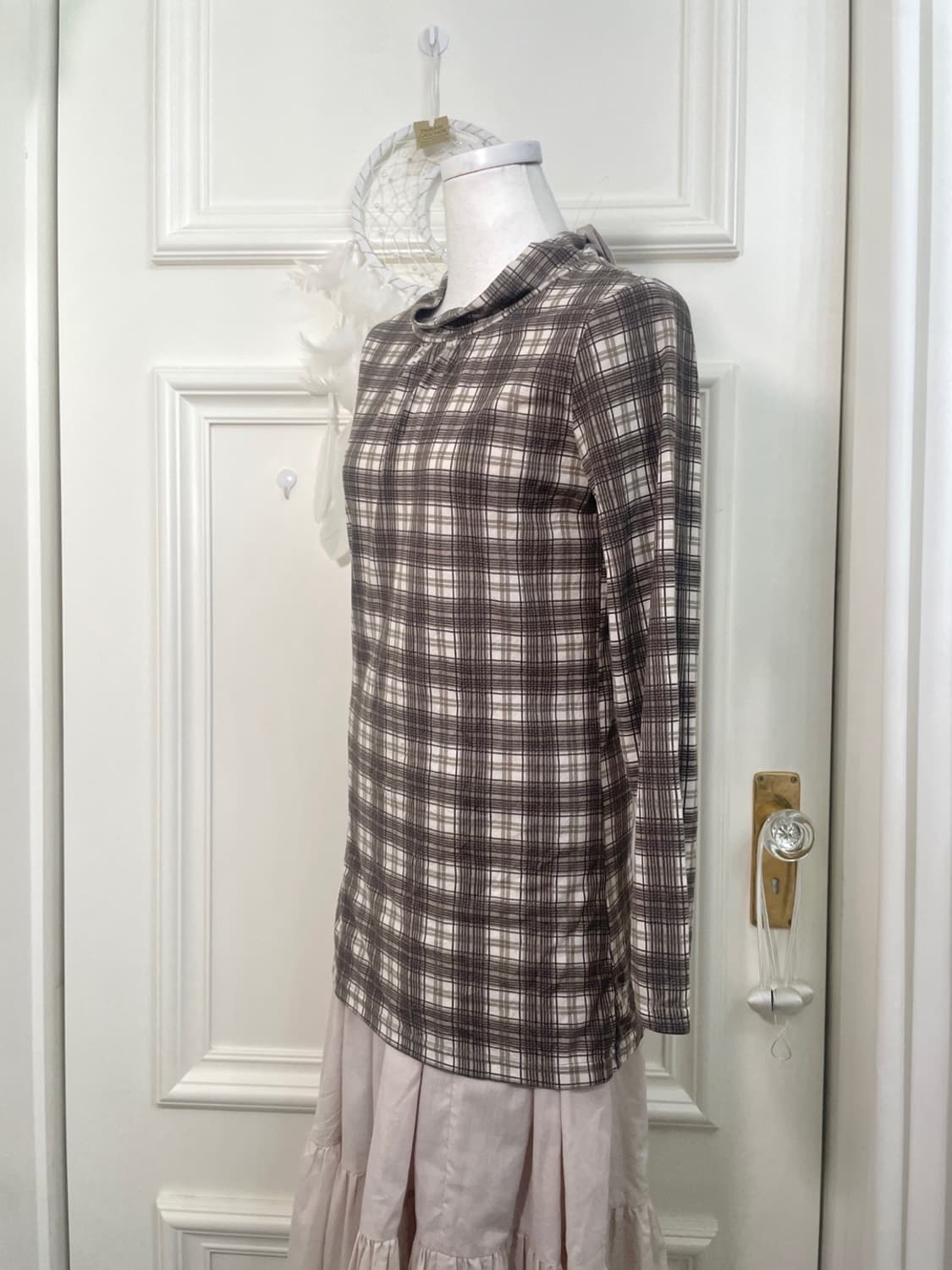ivory brown check shirring point slim to 상품이미지2