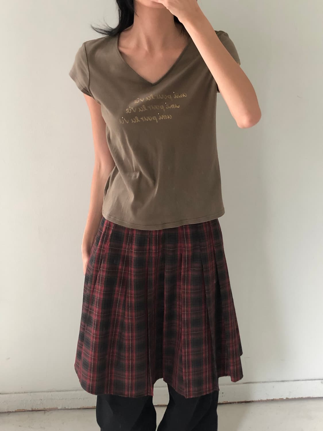 일본빈티지 카키 브이넥 숏반팔 상품이미지4