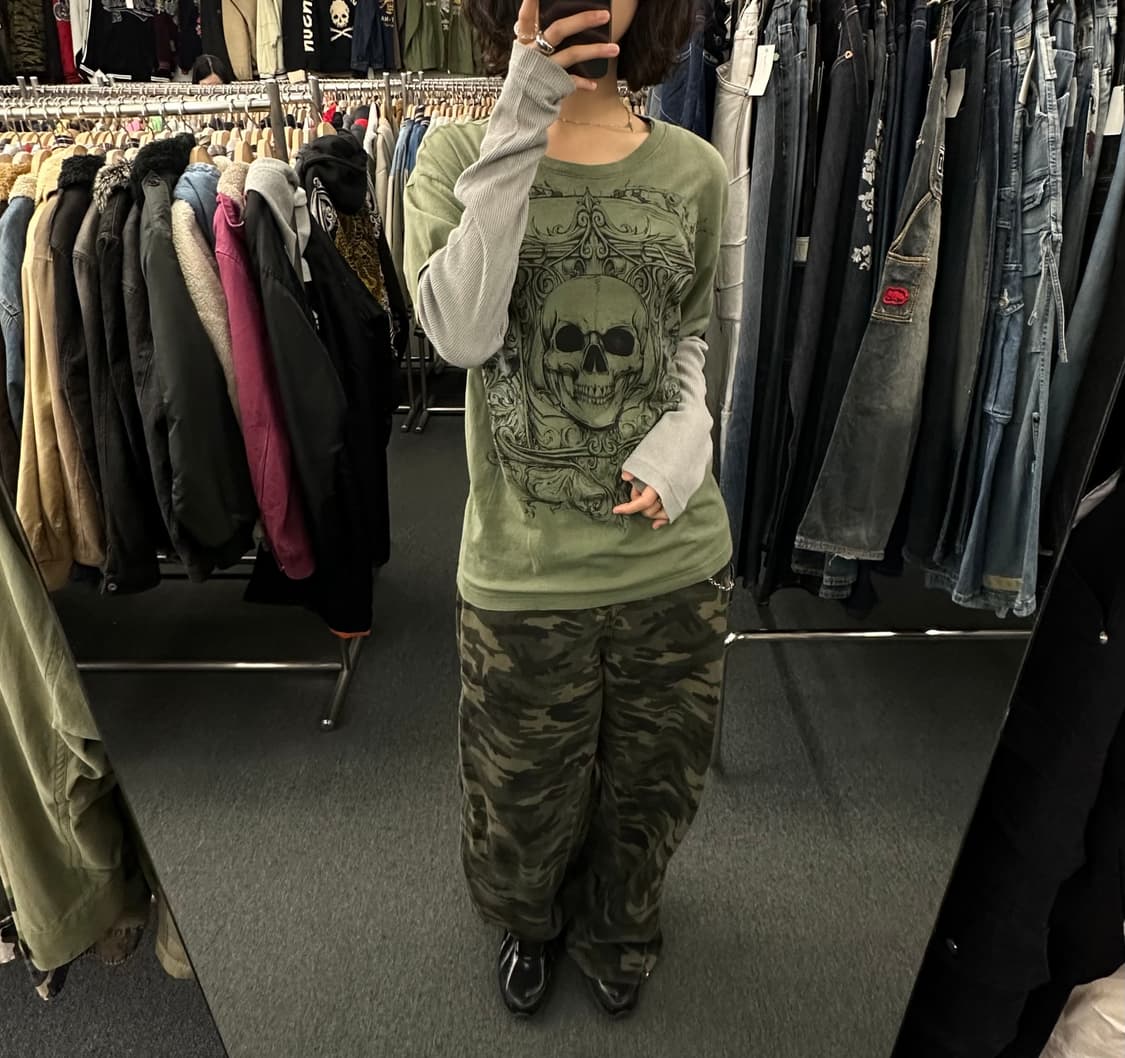 L)MMA Elite 빈티지 스컬프린팅 와플 레이어드 롱슬리브 상품이미지1